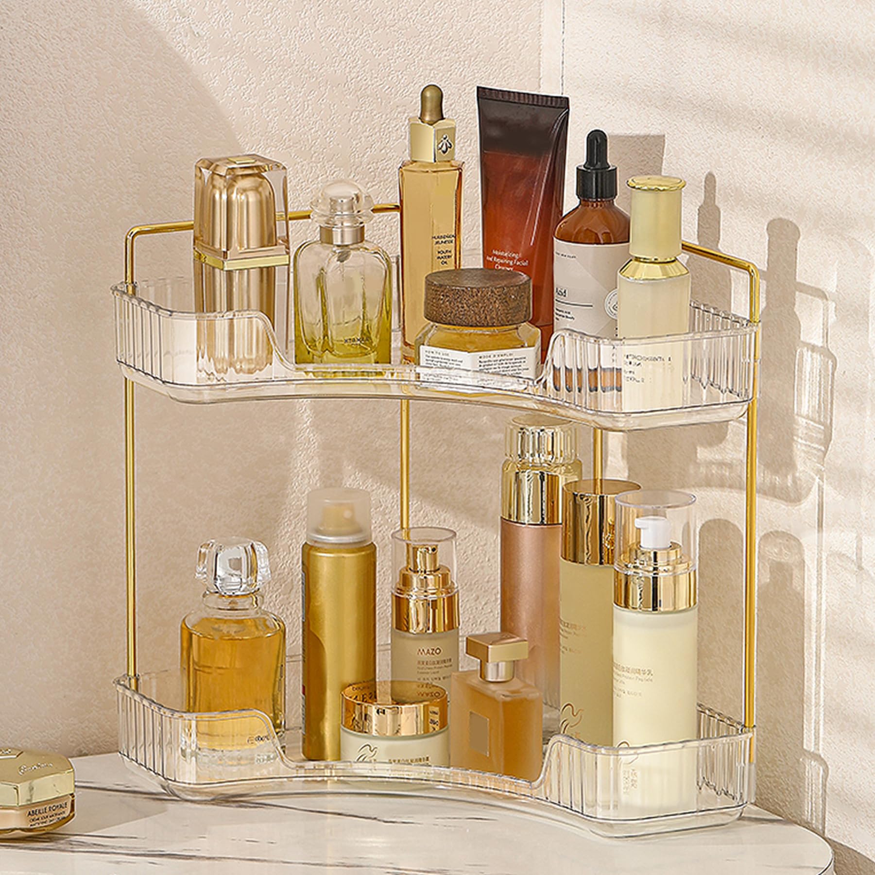 Aveniee Corner Bathroom Counter Organizer, Bathroom Countertop Shelf Makeup Organizer for Vanity Perfume Tray for Corner Storage (2 Tiers, Gold)