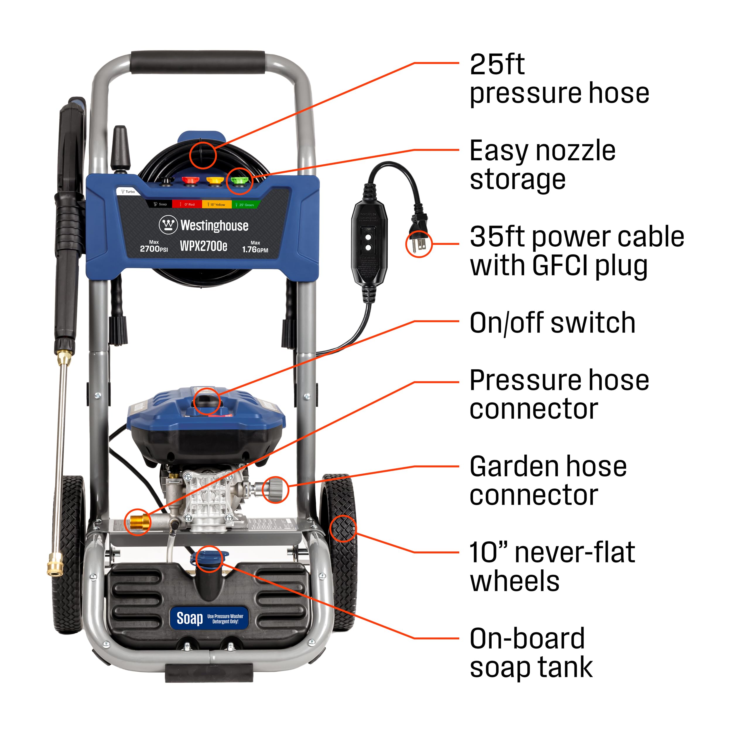Westinghouse WPX2300e Electric Pressure Washer, 2300 Max PSI and 1.76 Max GPM, Induction Motor, Onboard Soap Tank, Spray Gun and Wand, 5 Nozzle Set, for Cars/Fences/Driveways/Homes/Patios/Furniture