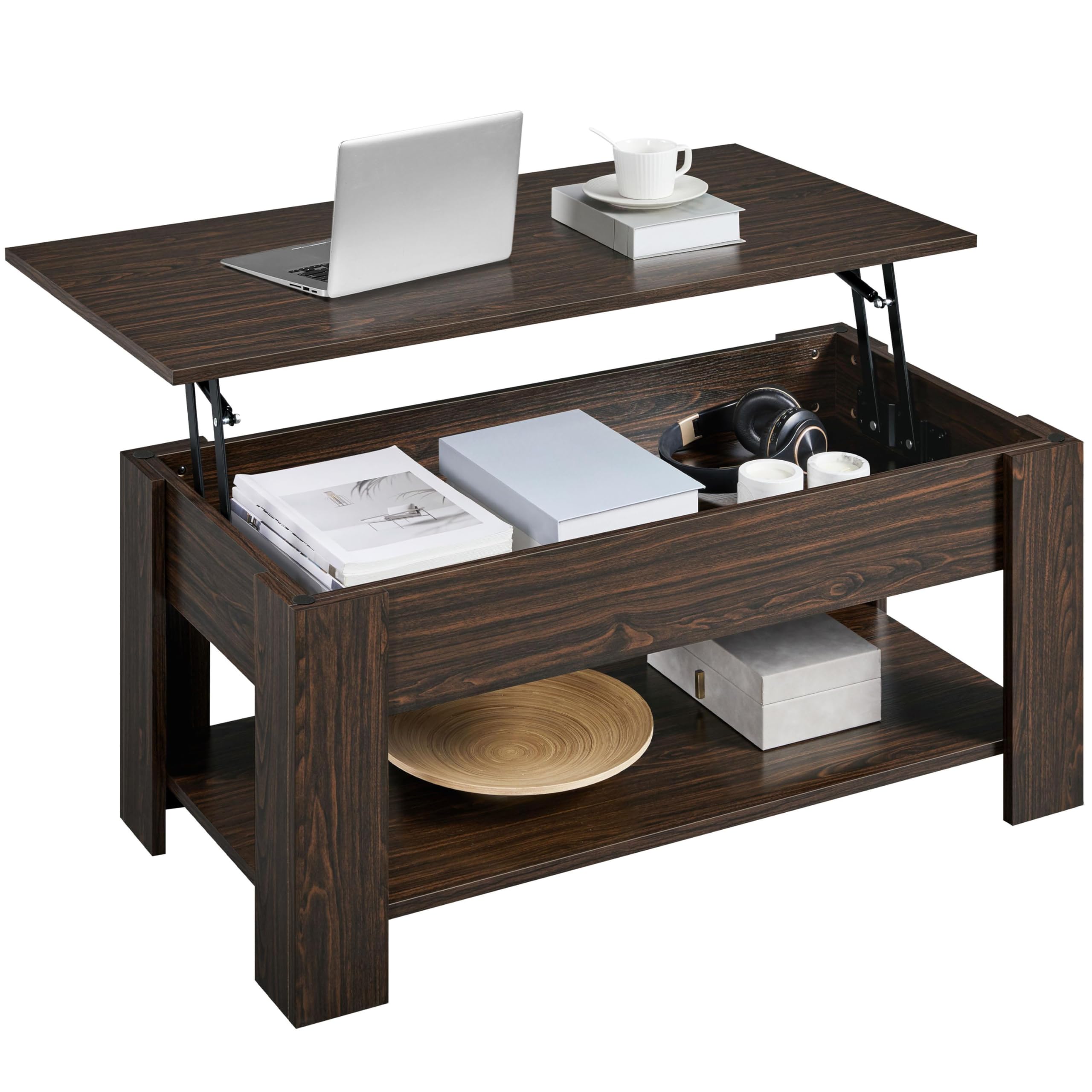 Yaheetech Wooden Coffee Table, Lift Top Coffee Table with Large Hidden Storage Shelf, Lift Tabletop Dining Tables for Living Room, Home Small Space, 38.6in, Black