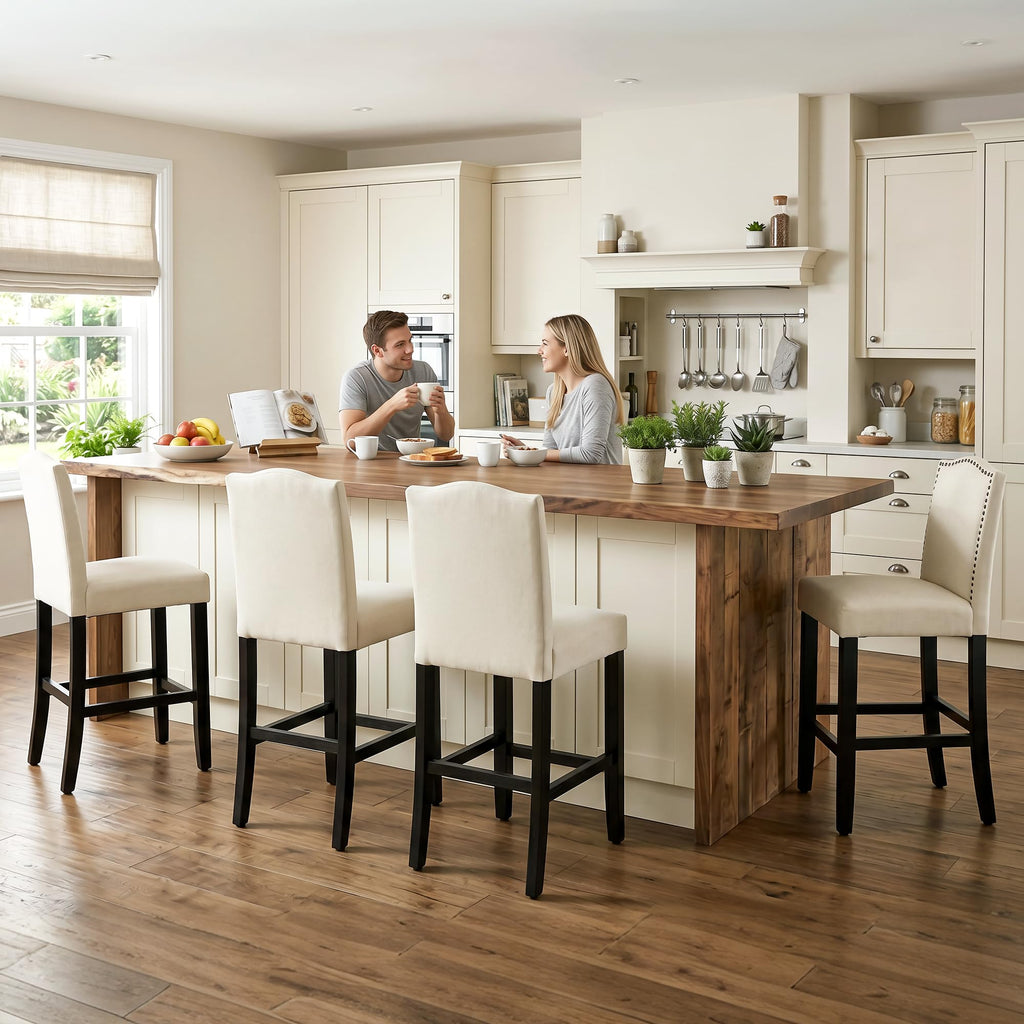 LSSPAID Counter Height Bar Stools Set of 2, 24.8 Inch Modern Upholstered Fabric Barstools, Kitchen Island Chairs with Bronze Nail Backrest and Solid Wood Legs for Kitchen Pub Home Cafe, Beige