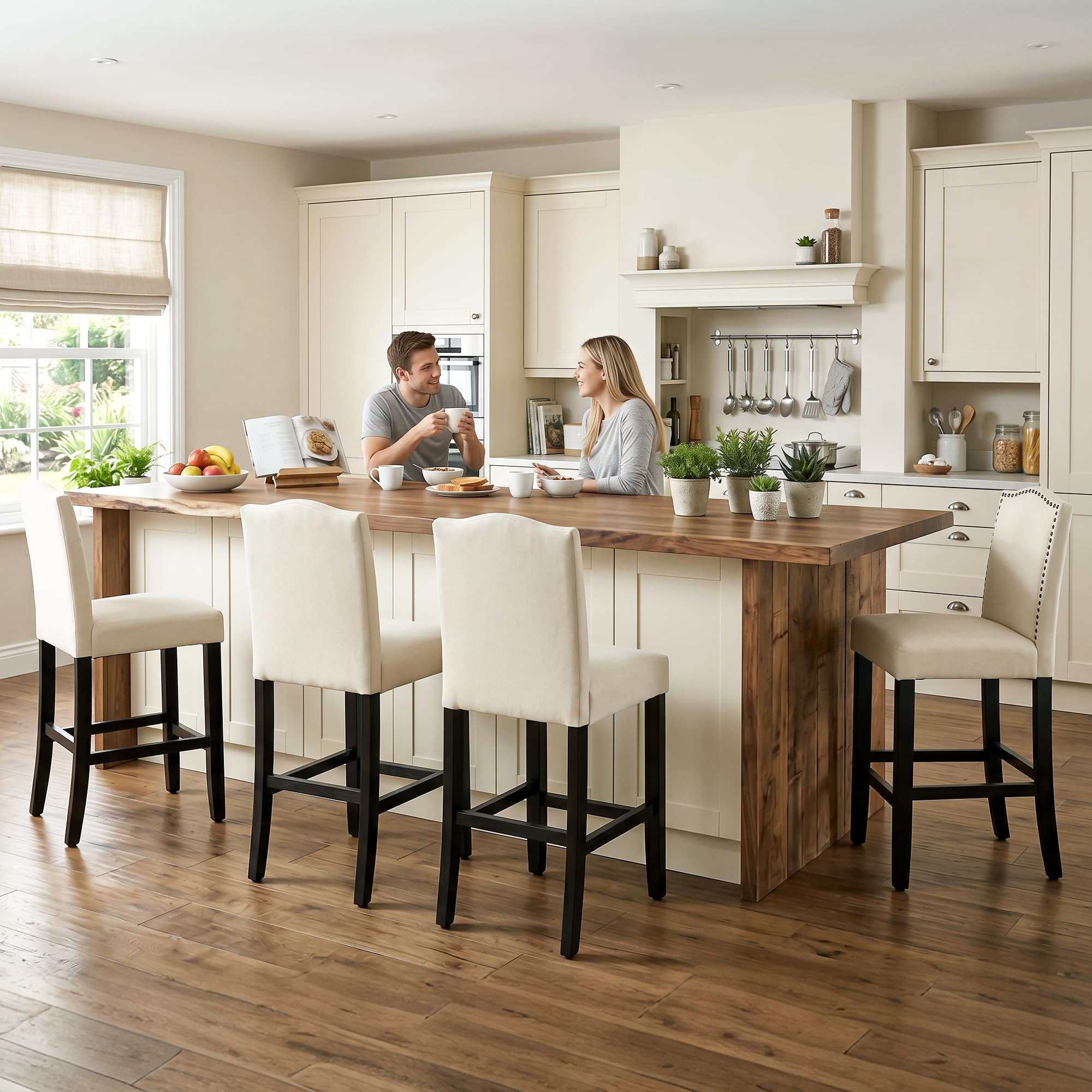 LSSPAID Counter Height Bar Stools Set of 2, 24.8 Inch Modern Upholstered Fabric Barstools, Kitchen Island Chairs with Bronze Nail Backrest and Solid Wood Legs for Kitchen Pub Home Cafe, Beige