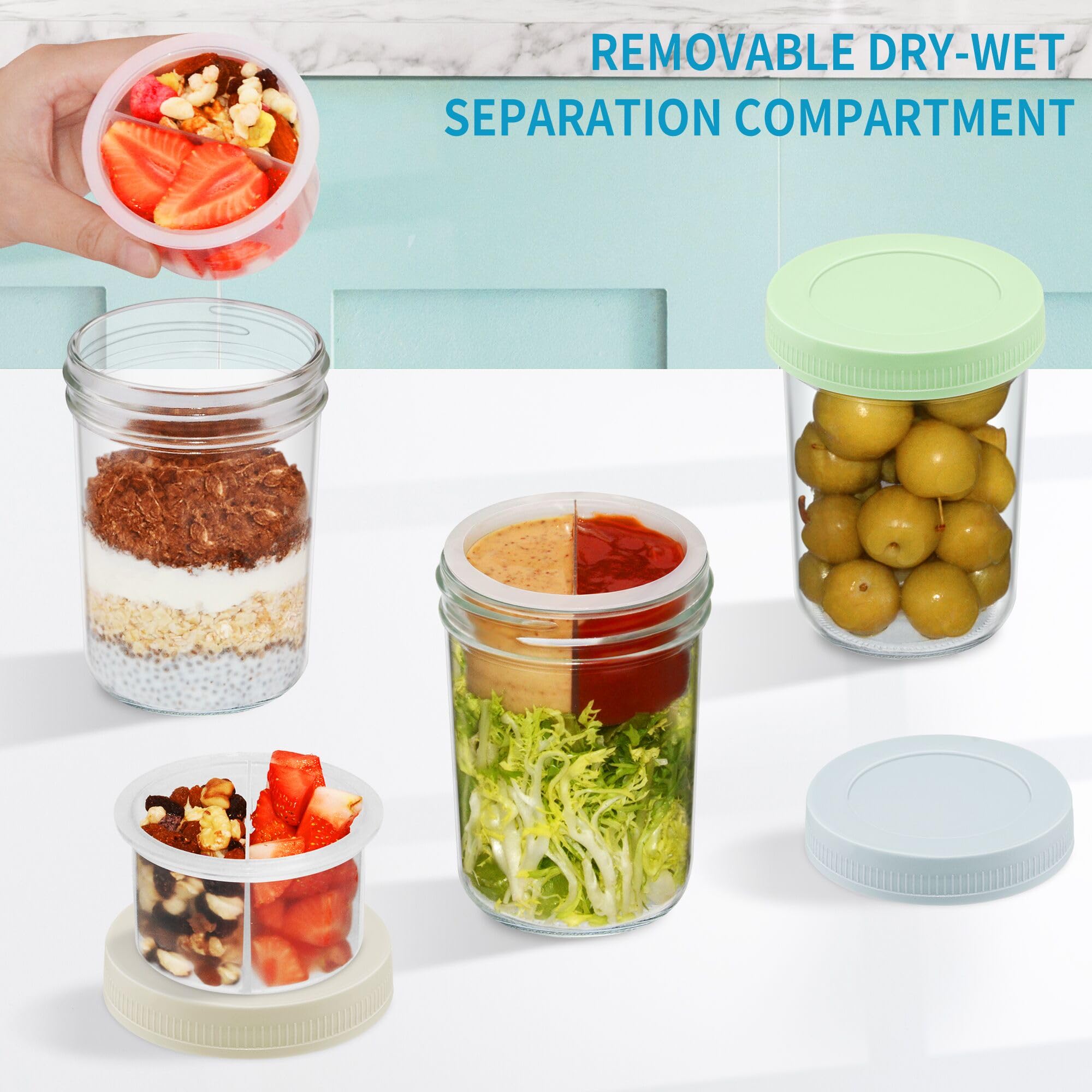 Xyptorix 16 oz Overnight Oats Containers with Airtight Lids - 2-Pack Leak-Proof Wide Mouth Mason Jars & Divided Cups for Dried and Wet Foods, Glass Jars for Chia Pudding, Salad, Snacks, and Yogurt