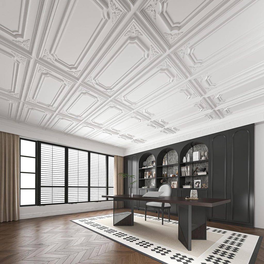 Art3dwallpanels 12 Pack Drop Ceiling Tiles, 2x4 Ft PVC Decorative 3D Wall Panel, Glue Up Ceiling Covering Panels for Basement Kitchen Bathroom, 24x48 Inch, Cover 96 Sq. Ft, White