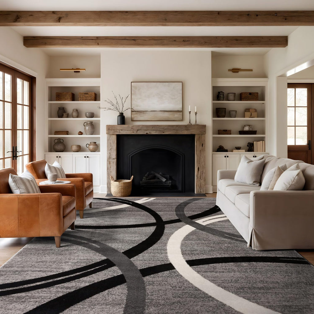 Rugshop Modern Wavy Circles Design Accent Rug, Carpet with Jute Backing for Entryway, Kitchen, or Pet Area, Black, 2' x 3'