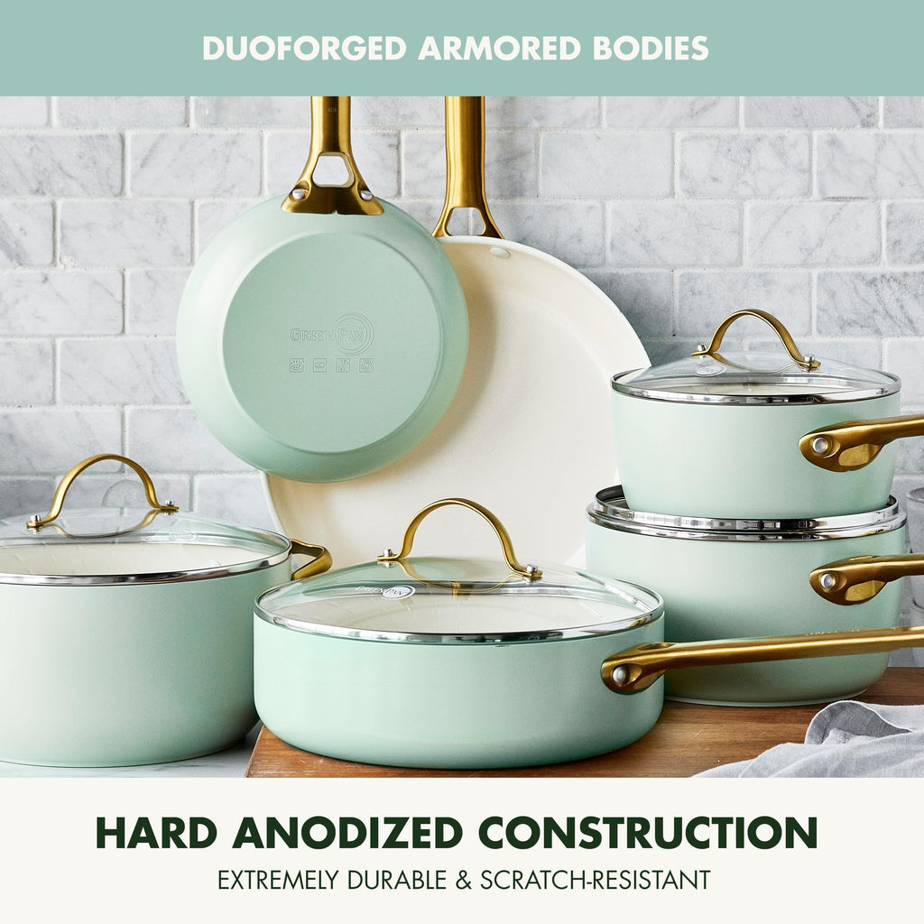 GreenPan Hard Anodized Healthy Ceramic Nonstick 5 Piece Cookware Pots and Pans Set, Gold Handle, PFAS-Free, Dishwasher Safe, Oven Safe, Black