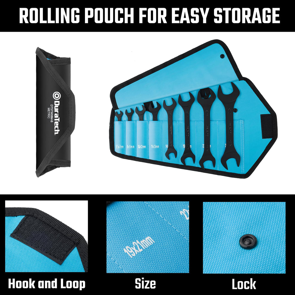 DURATECH Super-Thin Open End Wrench Set, Metric, 8-Piece, 5.5mm to 27mm, Black Electrophoretic Coating, with Rolling Pouch