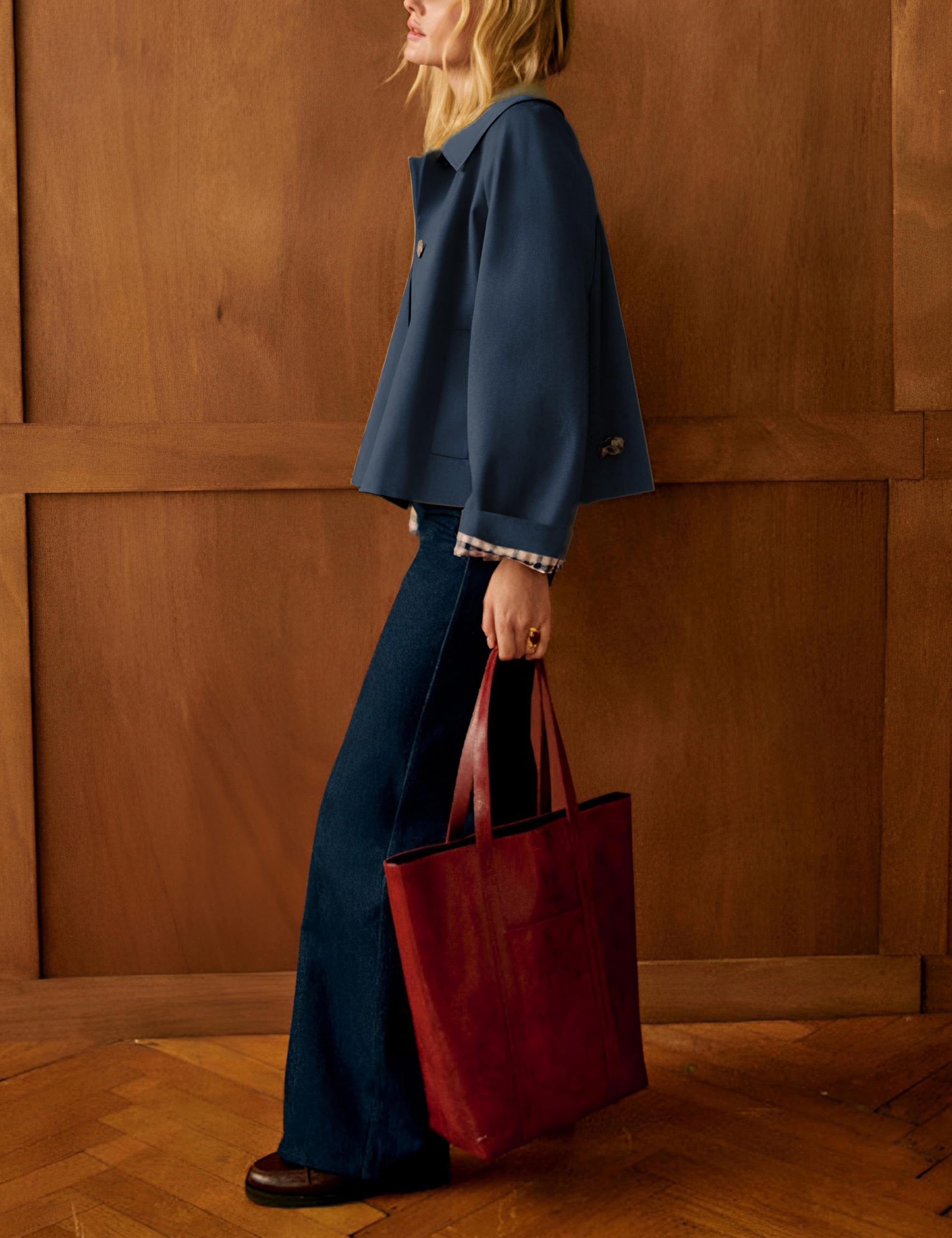Yeokou Women Oversize Trench Coat Plaid Lining Lapel Button Down Casual Crop Jacket Outwear with Pockets