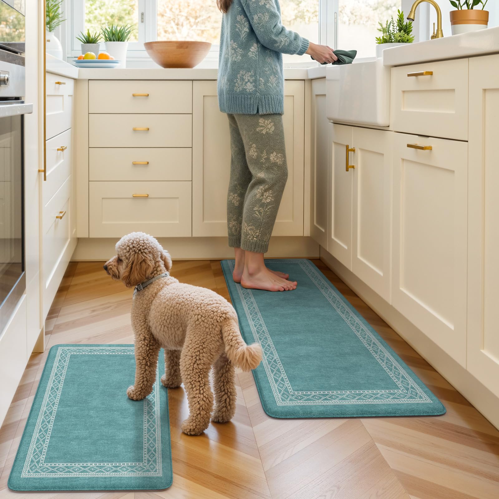 KIMODE Anti Fatigue Kitchen Mats 17"x47"+17"x29", Farmhouse Kitchen Rugs Sets of 2, Cushioned Non Skid Kitchen Mats for Floor, Comfort Kitchen Floor Mats for Sink Laundry Desk Black