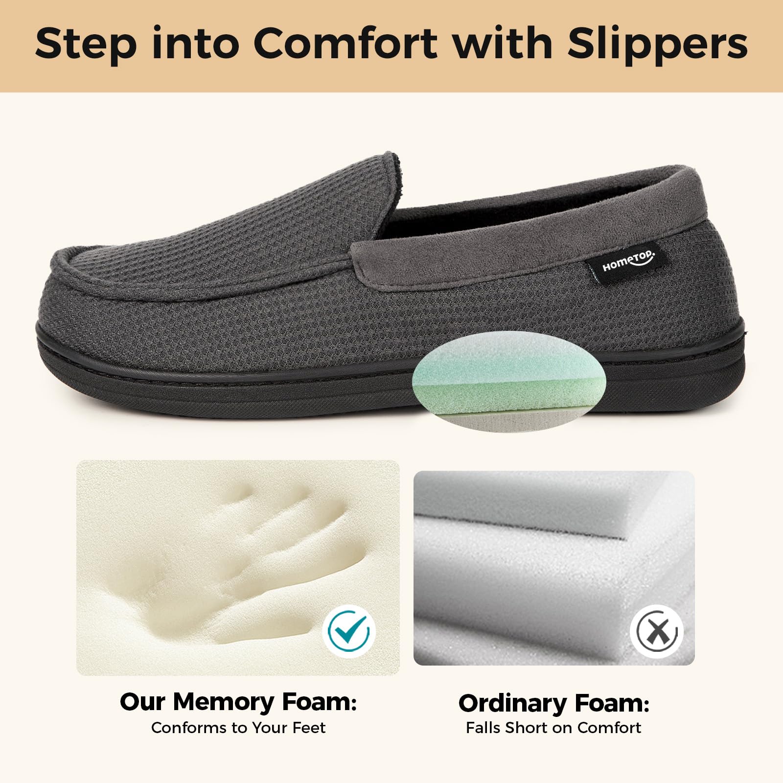 HomeTop Men's Comfort Memory Foam Moccasin Slippers, Breathable Cotton Knit Terry Cloth House Shoes for Indoor Outdoor