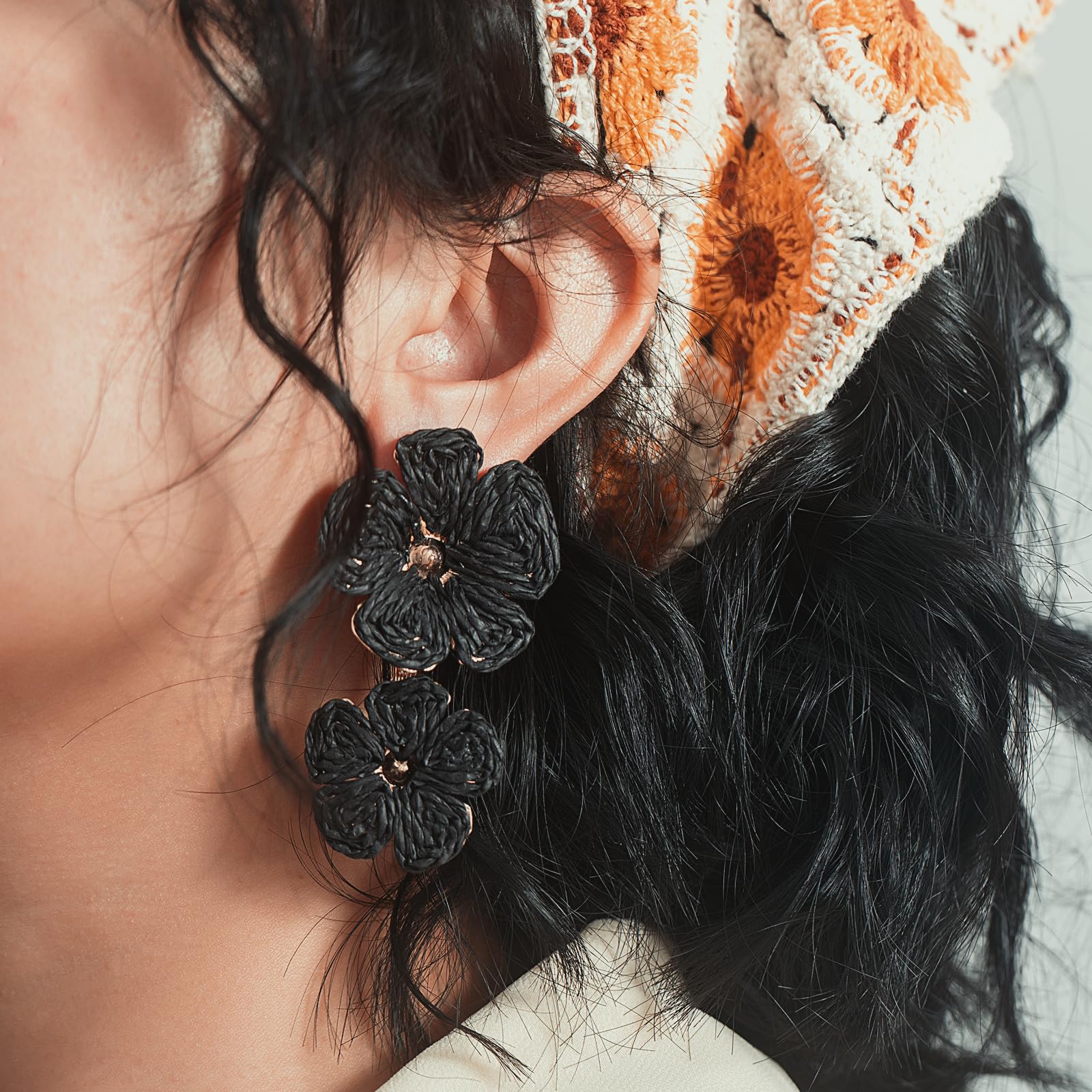 Boho Flower Earrings Statement Raffia Dangle Earrings Cute Floral Jewelry Trendy Summer Beach Vacation Outfits for Women