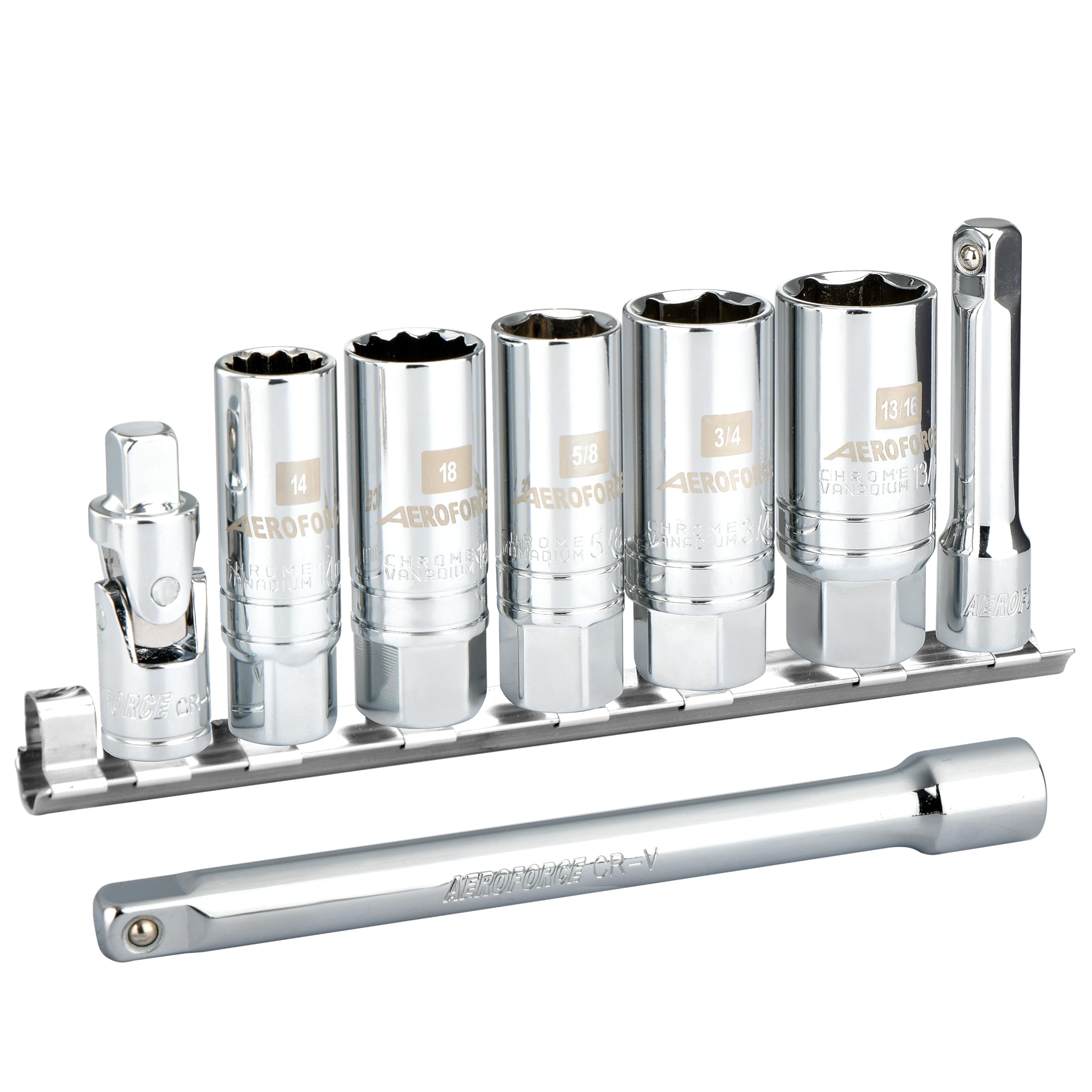 AEROFORCE 3/8-Inch Drive Spark Plug Socket Set 8PCS - Includes 6 Point Sockets 5/8-inch, 3/4-inch and 13/16-inch, 12 Point Sockets 14mm&18mm, 2 Extension Bars,Universal Joint