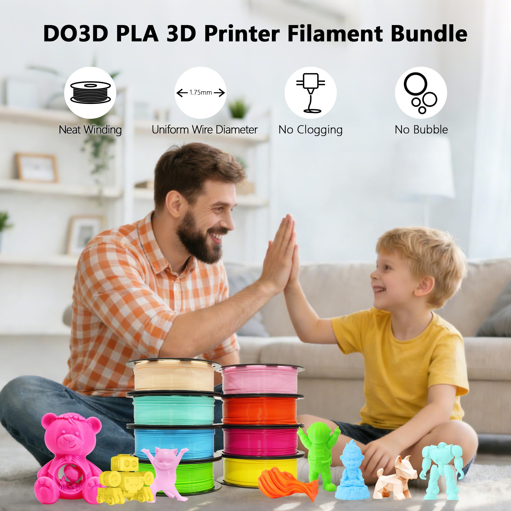 1.75mm PLA 3D Printer Filament Bundle: Glow in Dark Green/Blue/Purple/Rainbow, One Spool Clear Multi Colored, Each Spool 250g, Total 1.25Kg 3D Printing Material, 250g x 5 Spools Glow in Dark PLA
