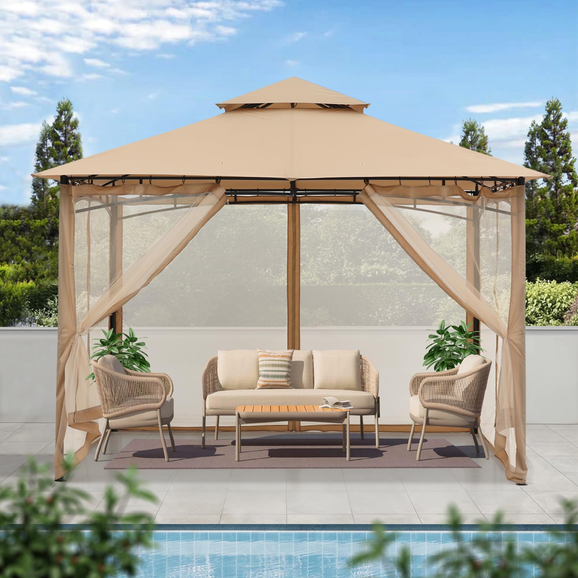MASTERCANOPY Outdoor Garden Gazebo for Patios with Stable Steel Frame and Netting Walls (9x9,Beige)