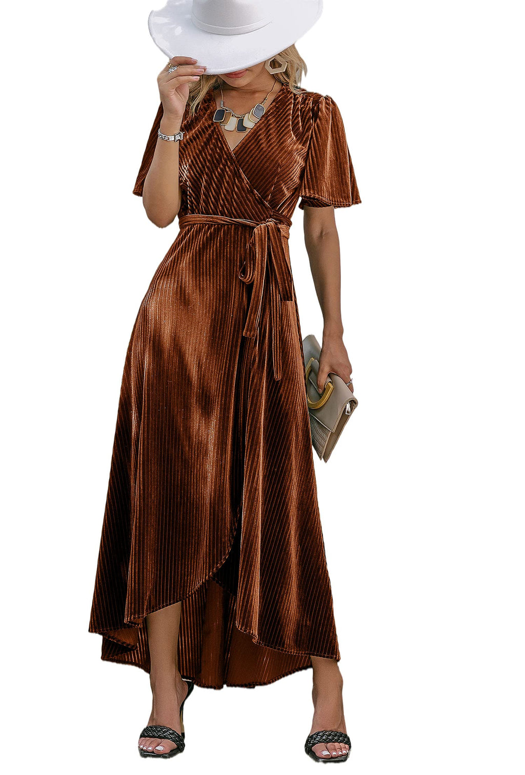 BerryGo Women's Velvet V Neck Wrap Semi Formal Dress Cocktail Party Maxi Dress for Wedding Guest