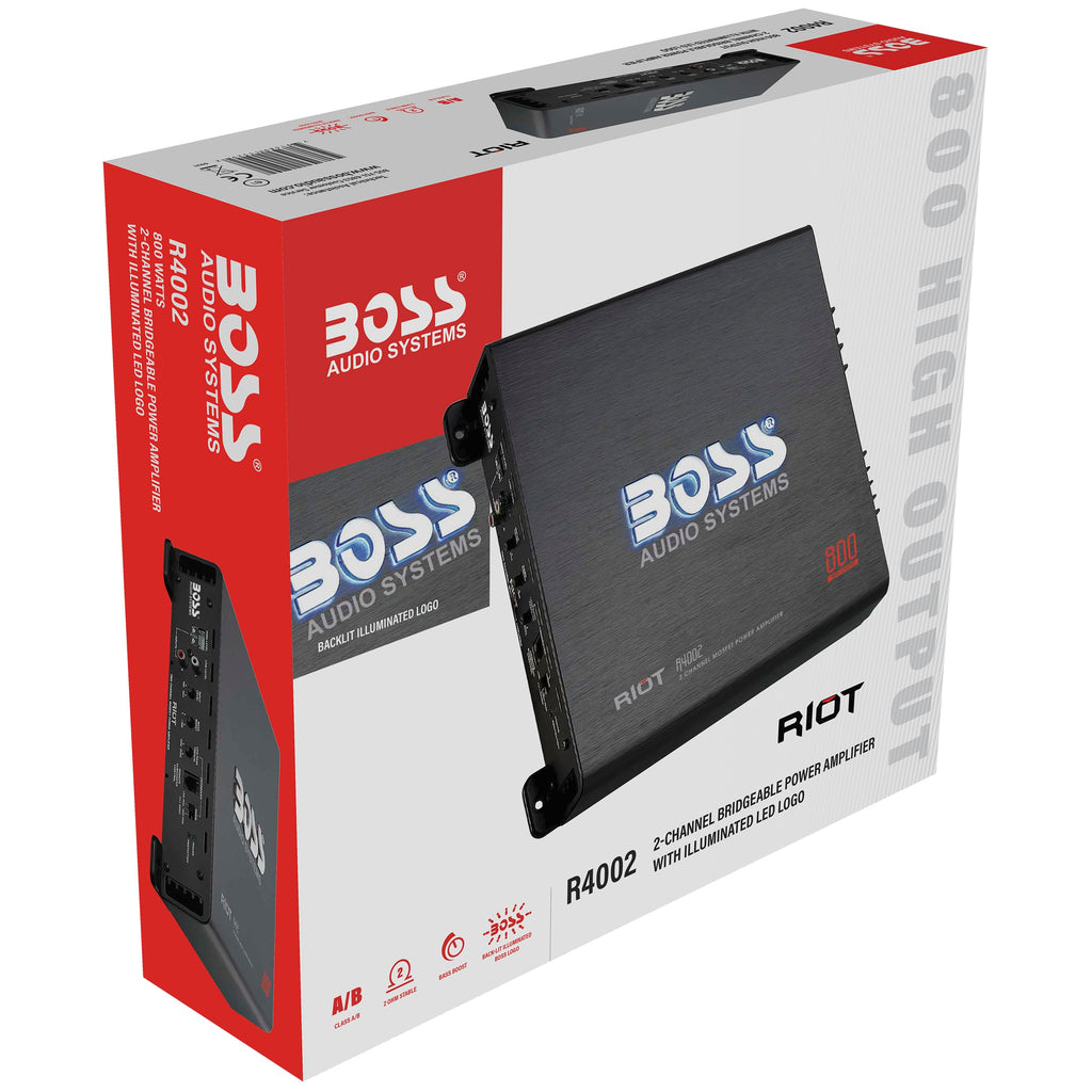 BOSS Audio Systems R1004 Riot Series 4 Channel Class A/B Car Amplifier - 400 High Output, IC (Integrated Circuit), Hook Up to Subwoofer for Bass