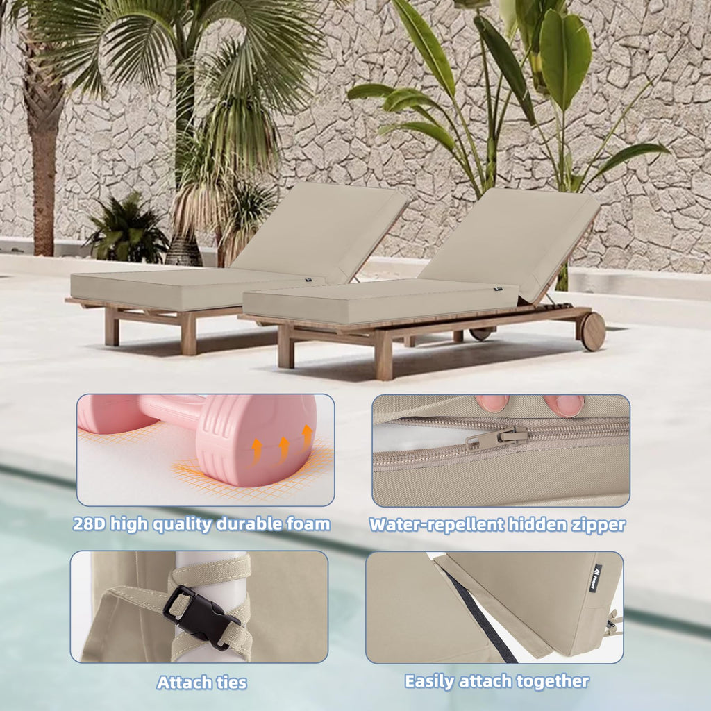 Favoyard Chaise Lounge Cushions Outdoor 72 x 21 x3 Inch Waterproof & 3-Year Fade Resistant Outdoor Lounge Chair Cushions with Removable Cover, Ties and Hidden Zipper for Patio Pool Lounge Chairs