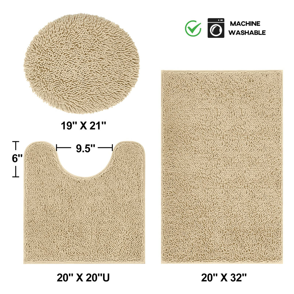 TREETONE Chenille Bath Mat 3 Pieces Bathroom Rugs Set, 20x20 Inches U-Shape Contoured Toilet Mat & 20x32 Inches Rug & Lid Cover,Water Absorbent Plush Rugs for Tub Shower & Bath Room -Beige