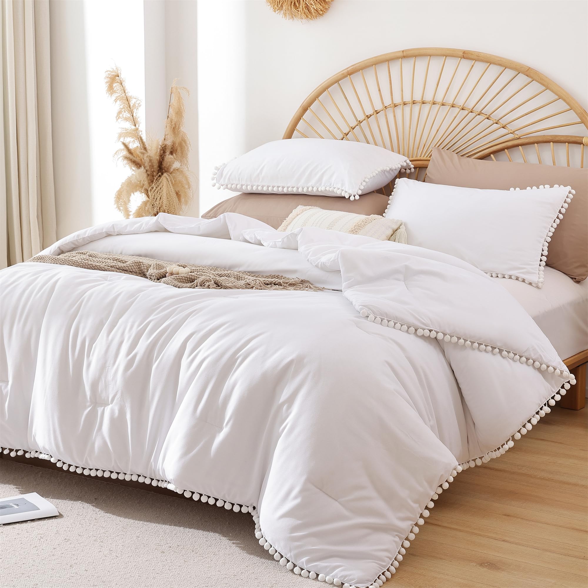 YIRDDEO Twin Comforter Set - Comforter Twin Size Bed with Ball Pom Fringe, Soft Bedding Set for All Seasons - 2 Pieces, 1 Comforter (66"x90") & 1 Pillow Sham(20"x26"), Beige