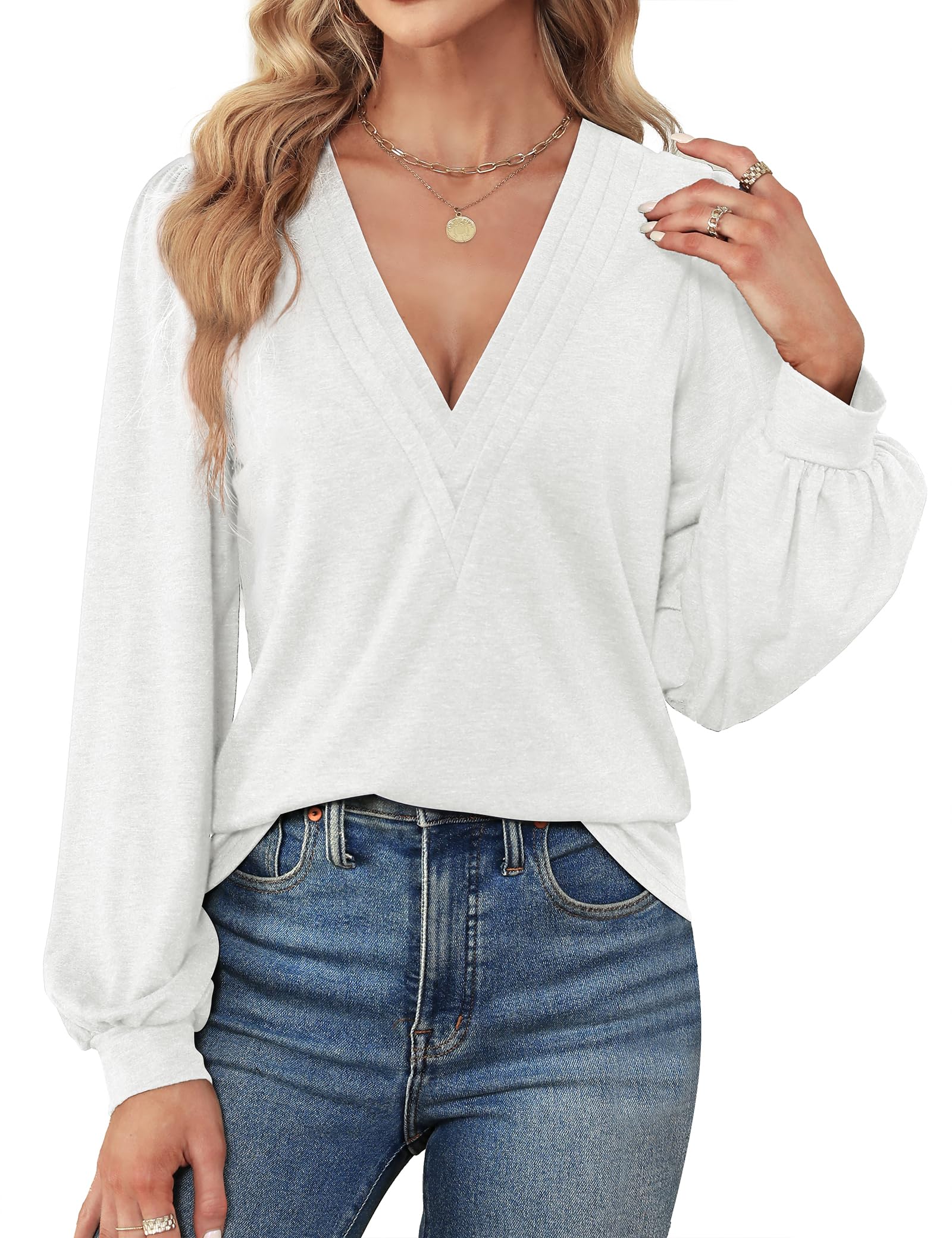 Agnes Urban Womens V Neck Long Sleeve Tops Dressy Casual Fall Shirts Puff Sleeve Loose Tunic Trendy Tops Blouses