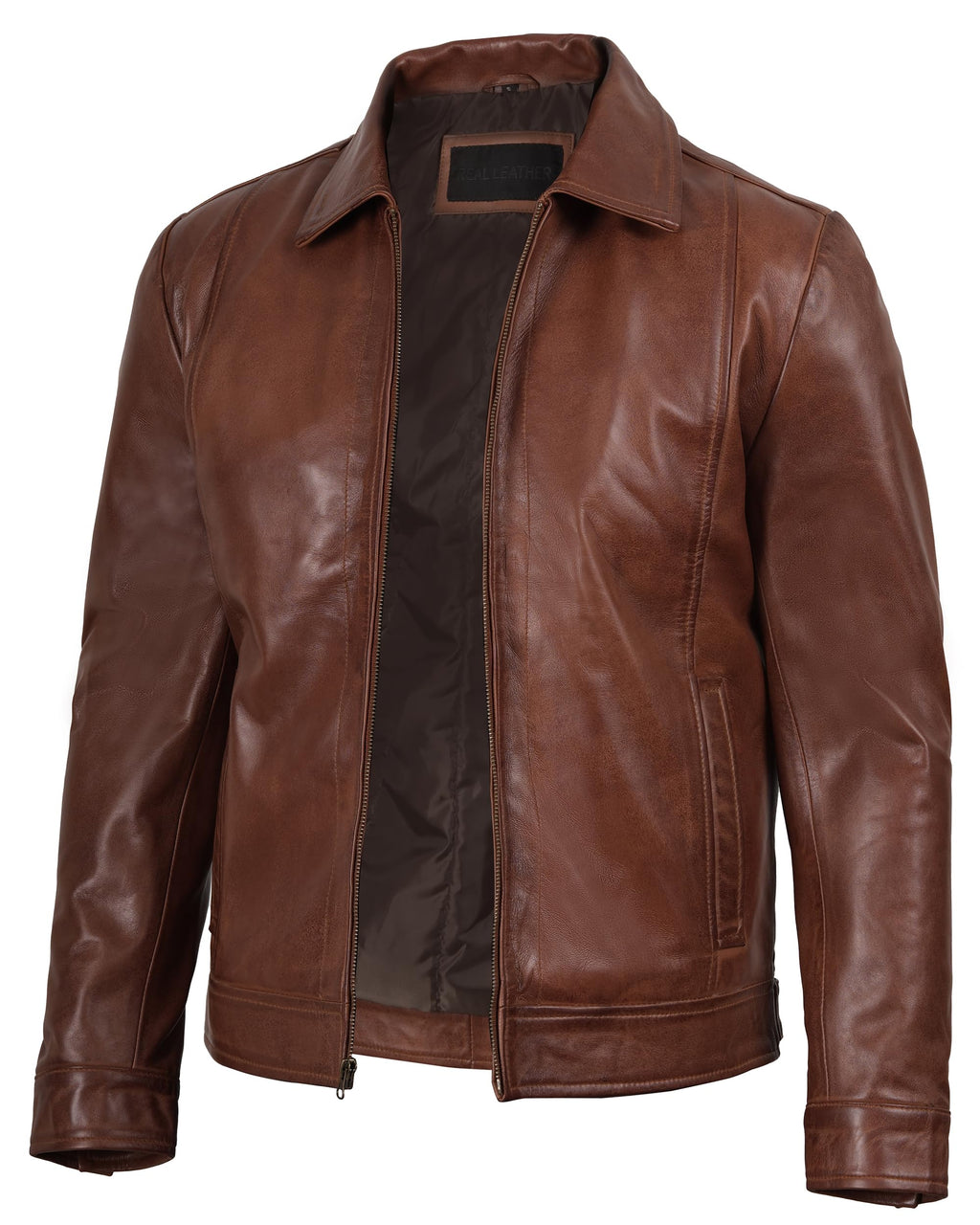 Decrum Vintage Style Mens Leather Jacket - Real Lambskin Classic Shirt Collar Leather Jackets for Men
