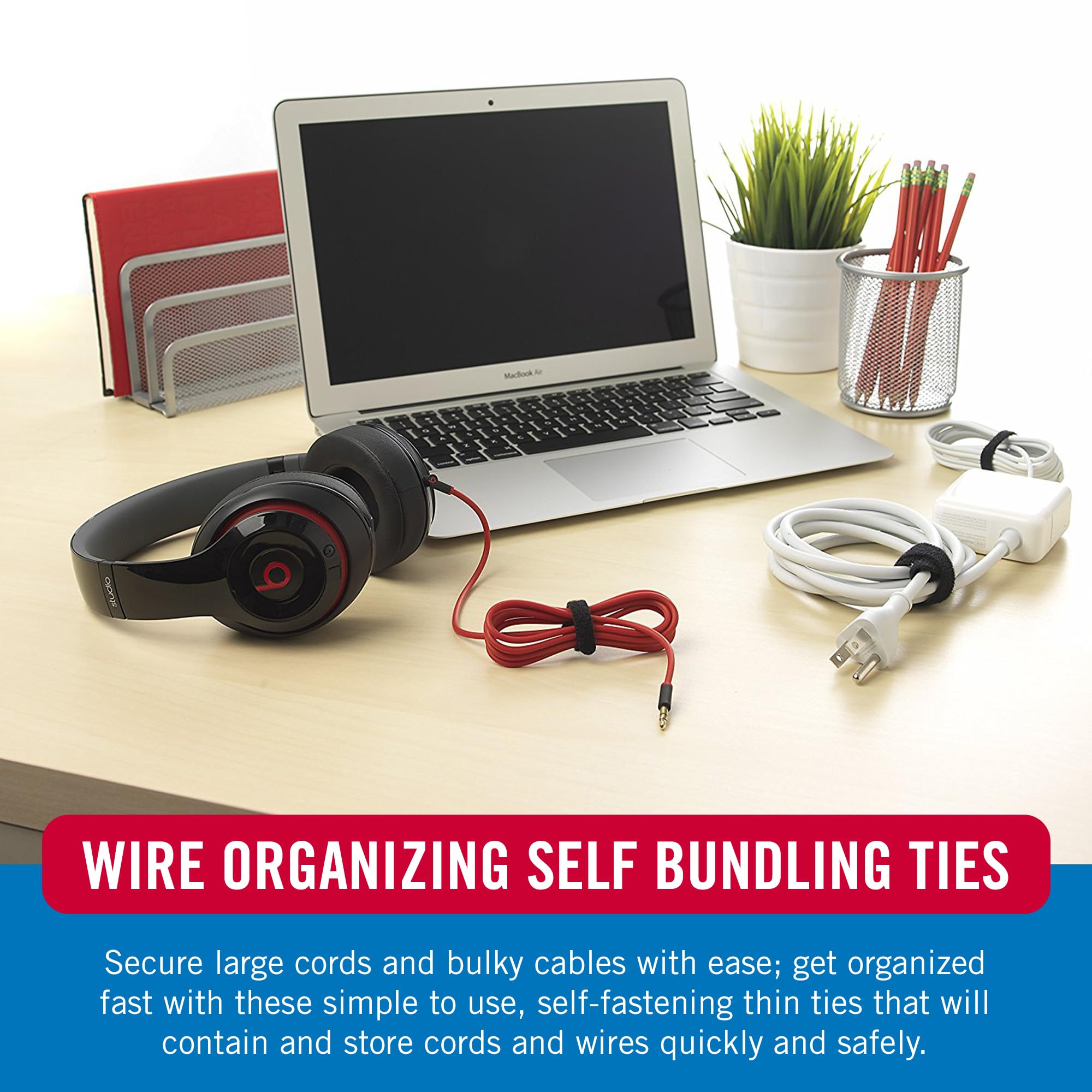 VELCRO Brand Cord Organizer for Desk & Nightstand, 5 Cable Slots with Sleeve Routing, Adhesive Wire Holder for Cord Management, Home, Workshop, Gaming & Office Essentials, Black 2 Pack