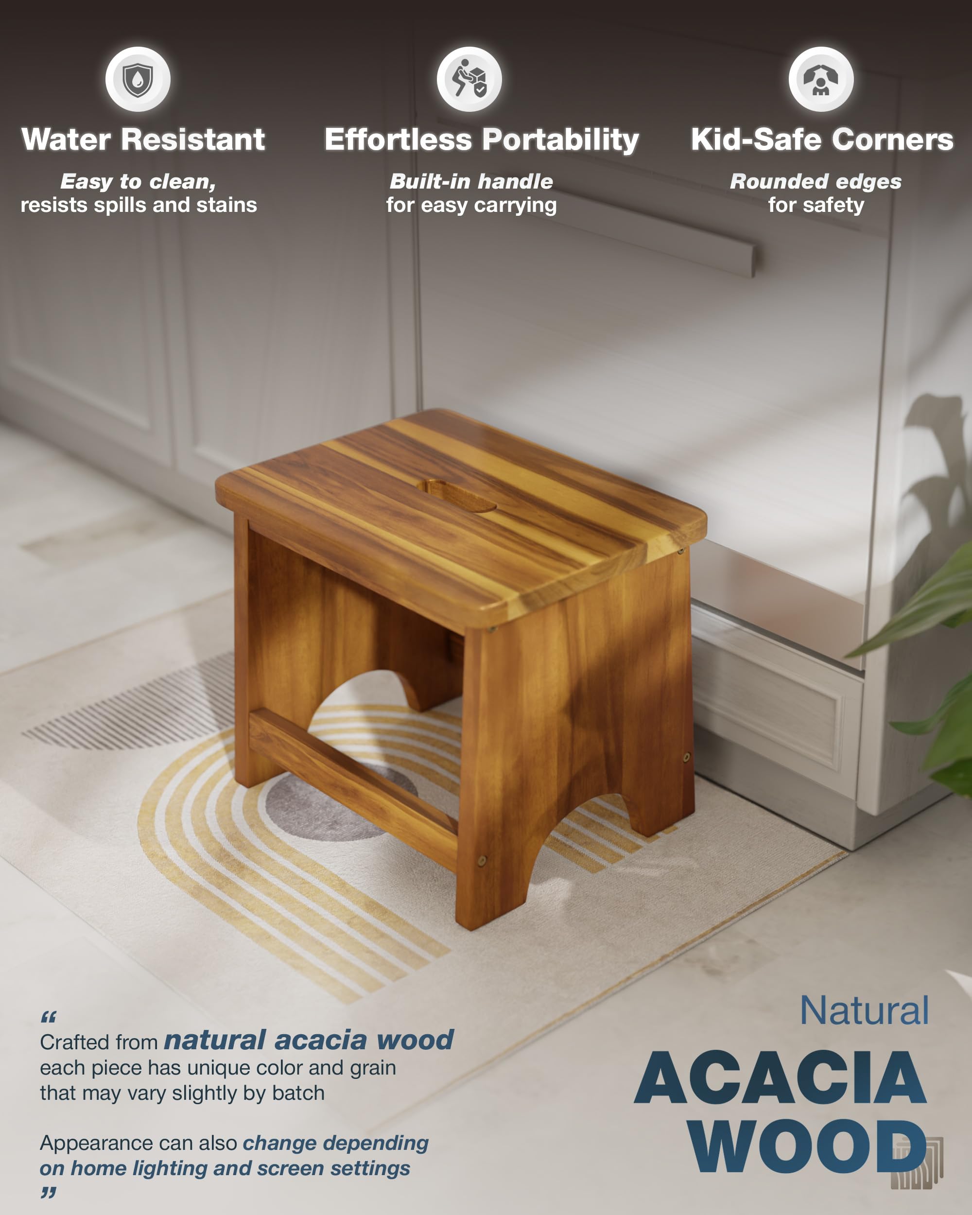 FANATU 13'' Wooden Step Stool, One Step Stool for Adults, Wooden Beside Step Stool with 550 Load Capacity (Acacia, 6.3 in – Metal Legs)