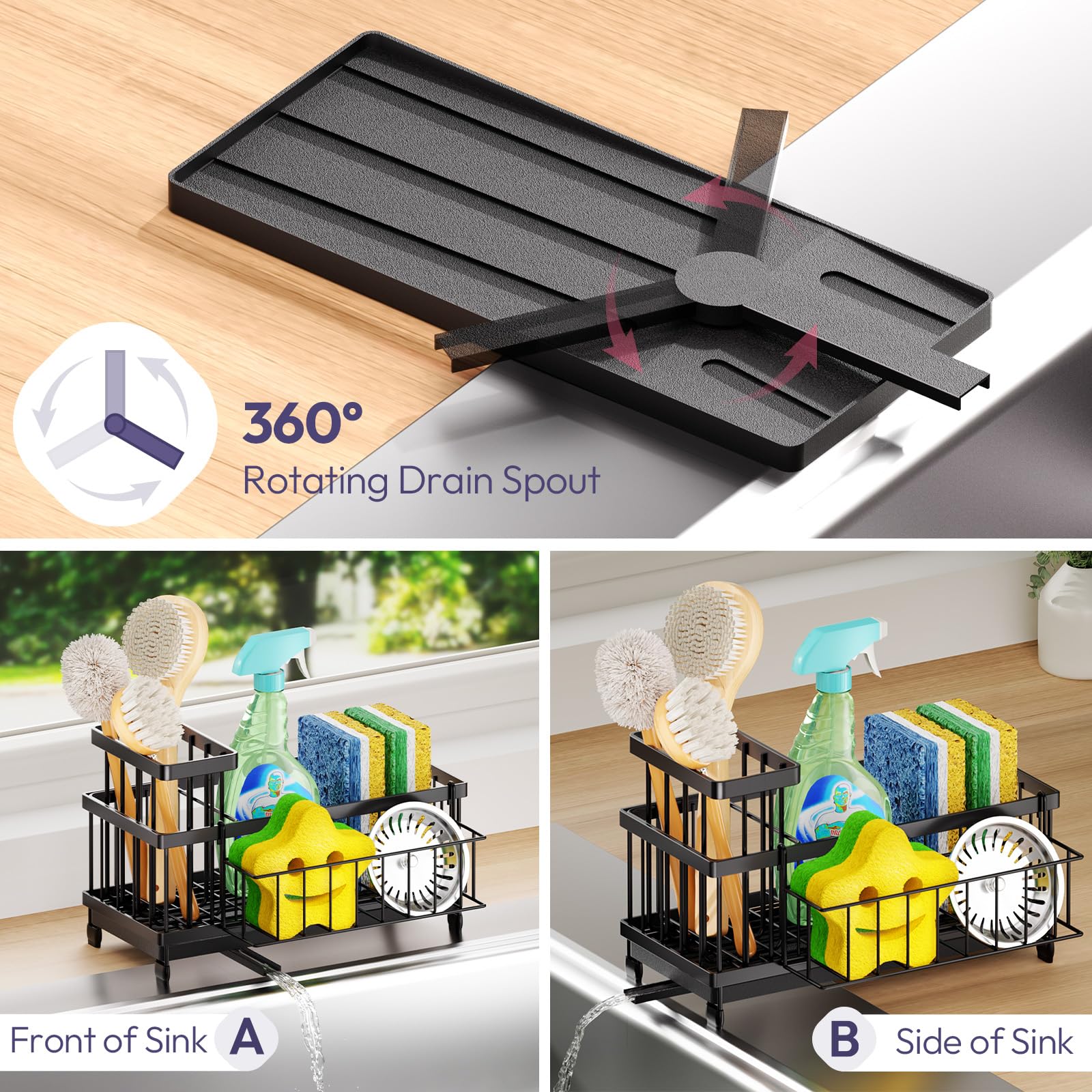 SWTYMIKI Sponge Holder for Kitchen Sink - Sink Caddy with Brush Holder Self-draining Sponge Caddy Organizer with Divider Stainless Steel Kitchen Accessories Storage for Countertop, Black