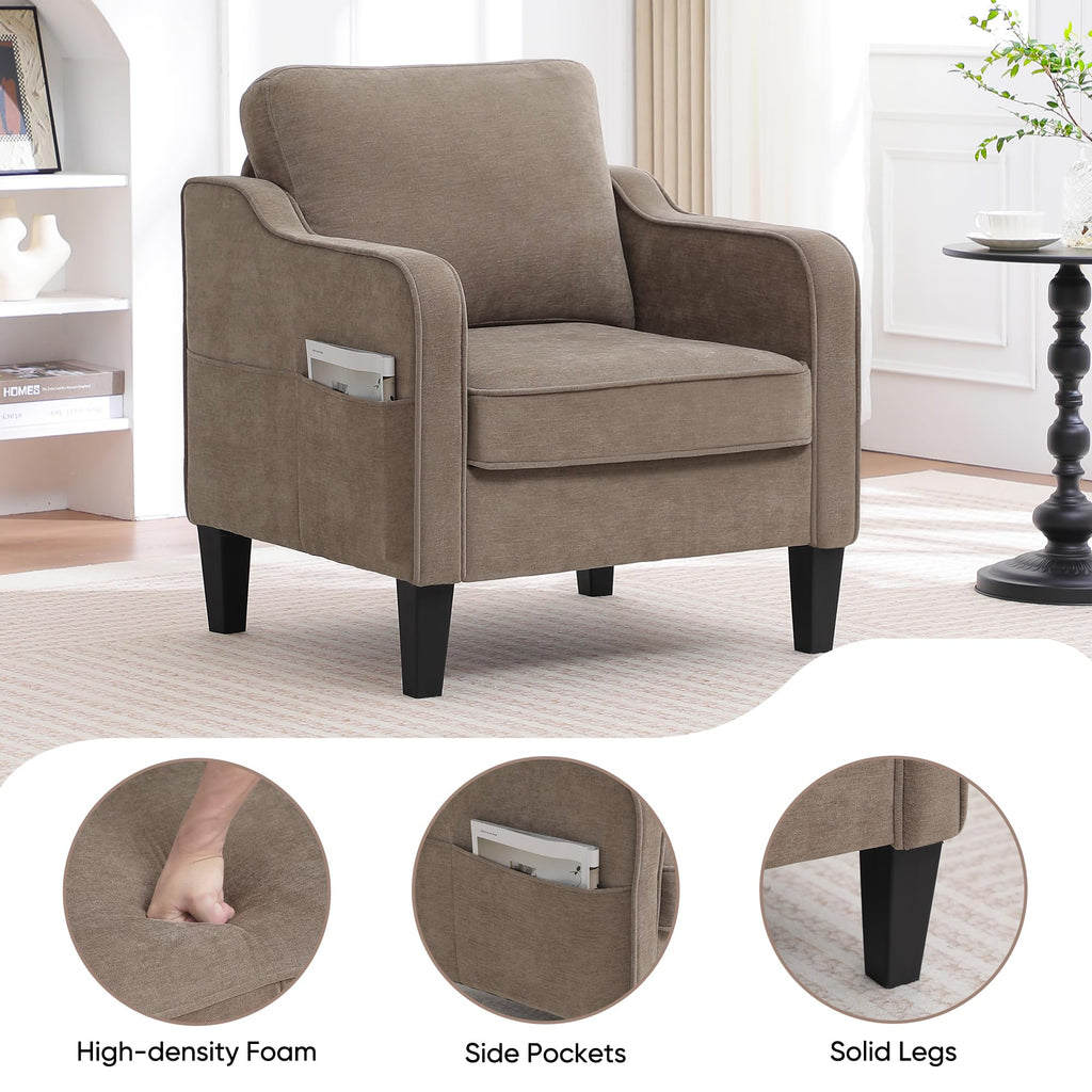 Accent Chair for Living Room, Mid Century Modern Reading Chair for Bedroom, Upholstered Armchair with Side Pockets, Comfy Single Sofa Side Chair for Office, Apartment, Small Room, Beige