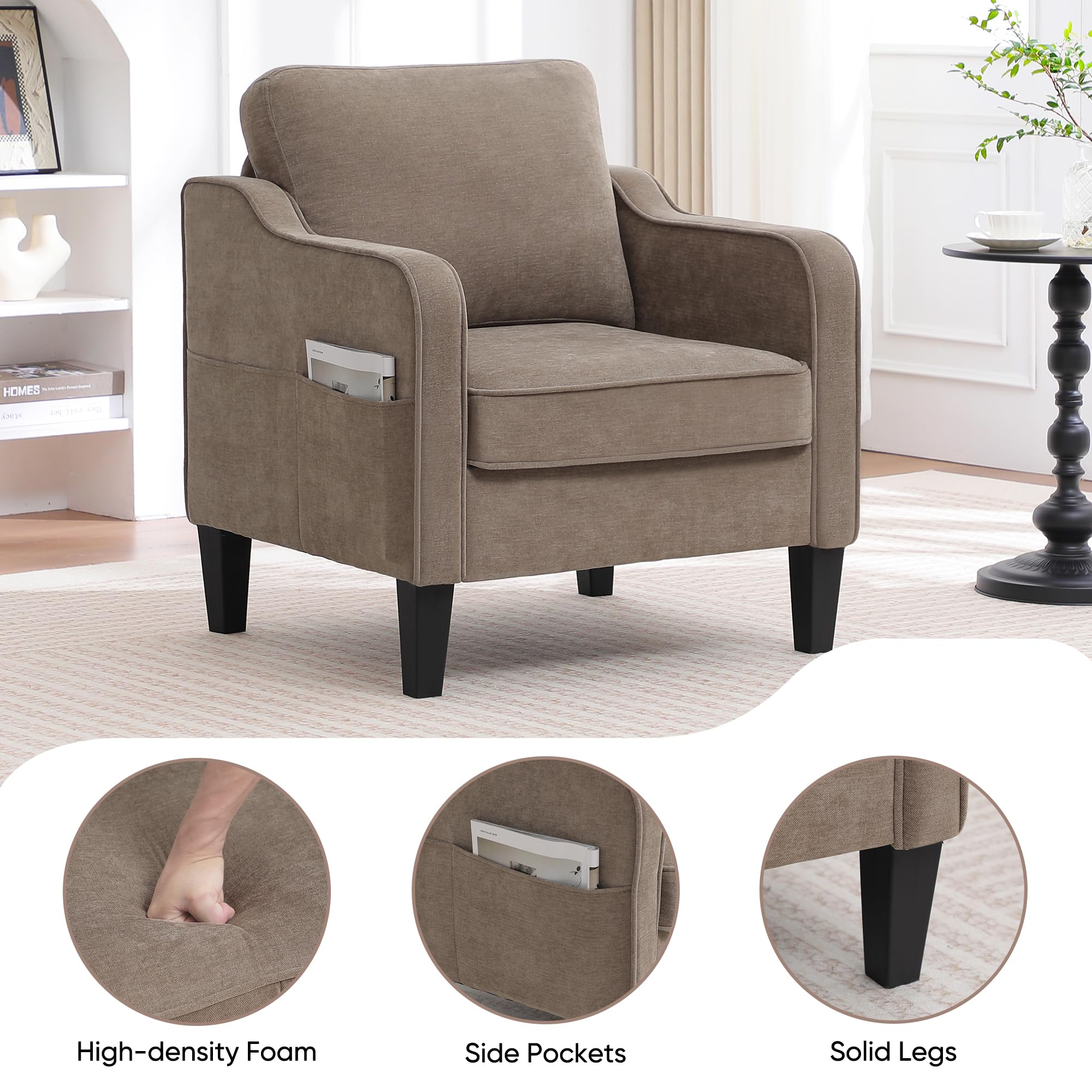 Accent Chair for Living Room, Mid Century Modern Reading Chair for Bedroom, Upholstered Armchair with Side Pockets, Comfy Single Sofa Side Chair for Office, Apartment, Small Room, Beige