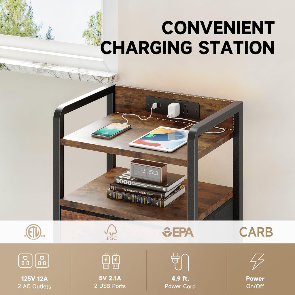 Lazzanto Night Stand Bedside Charger Bedroom - Nightstand with Charging Station & LED Light Strip, Night Stand with Storage Shelf & 2 Fabric Drawers, Morden End Table with U-S-B Ports & AC Outlets