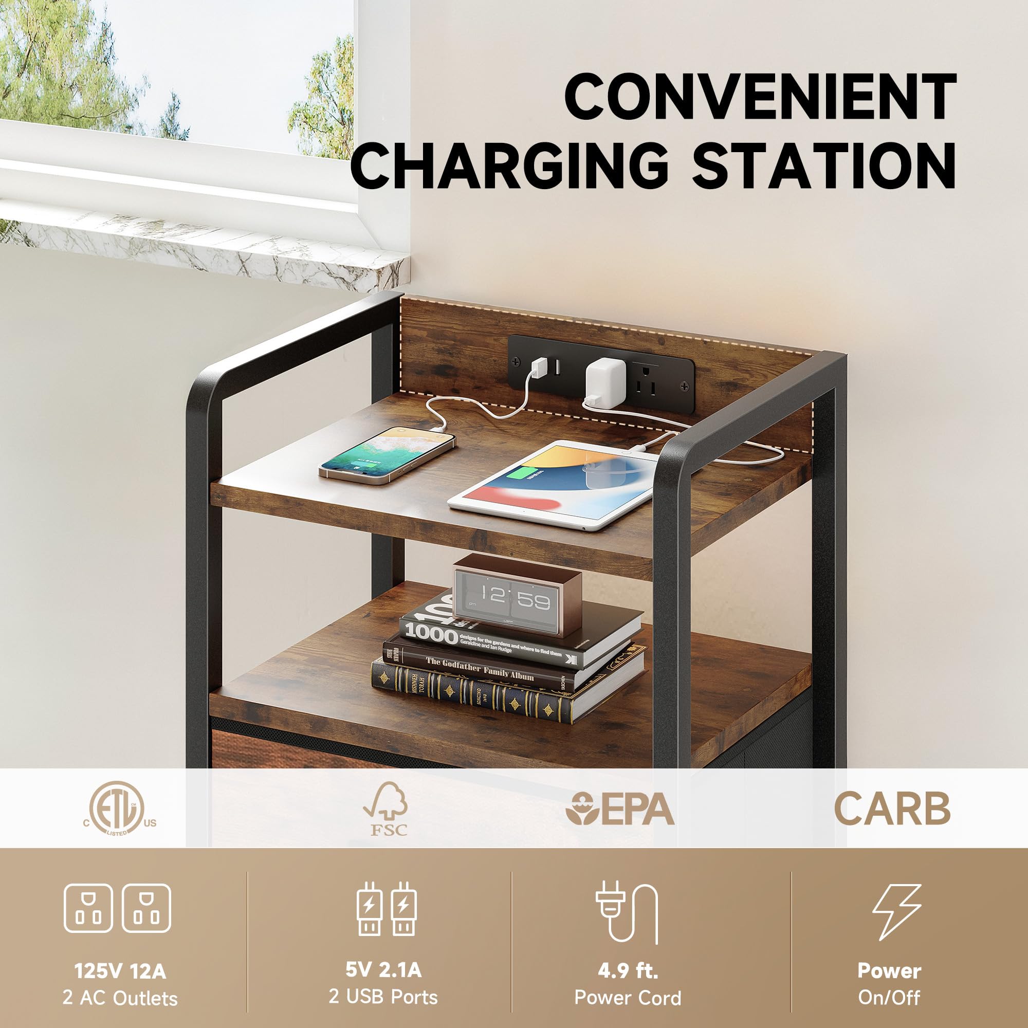 Lazzanto Night Stand Bedside Charger Bedroom - Nightstand with Charging Station & LED Light Strip, Night Stand with Storage Shelf & 2 Fabric Drawers, Morden End Table with U-S-B Ports & AC Outlets