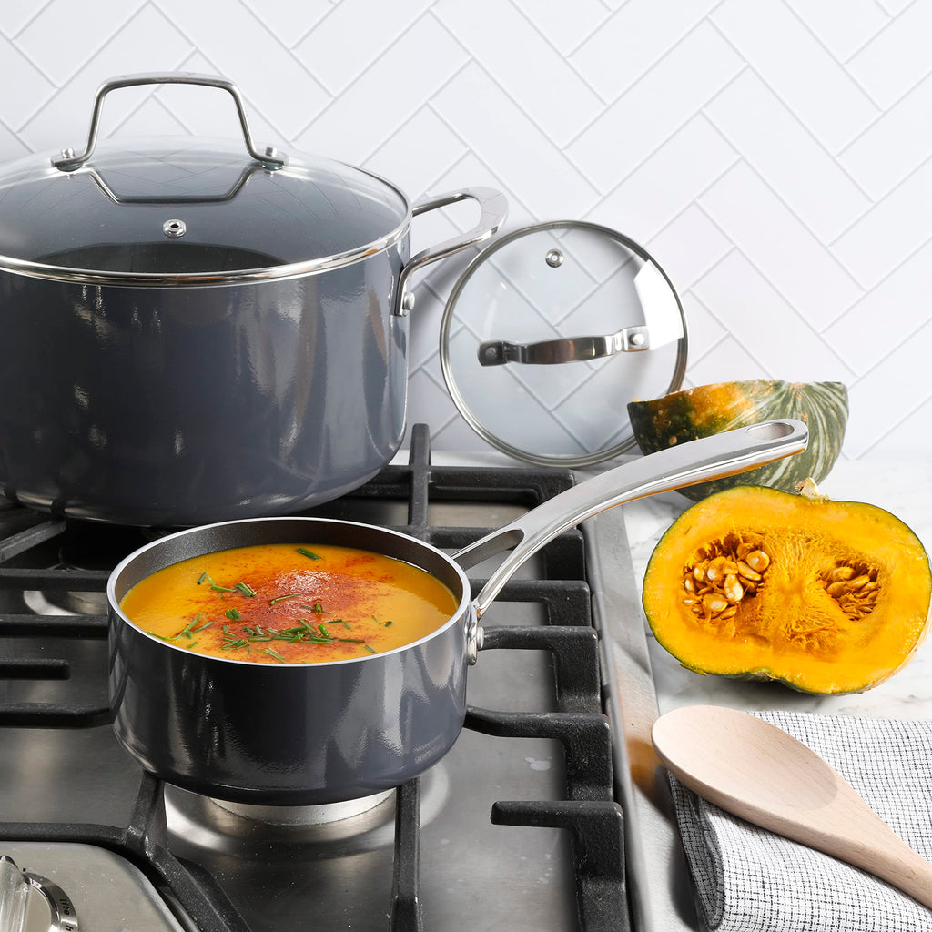 Martha Stewart Lockton Premium Nonstick PFA Free Ceramic Interior 10 Piece Enamel Heavy Gauge Aluminum Pots and Pans Cookware Set - Butter Cream