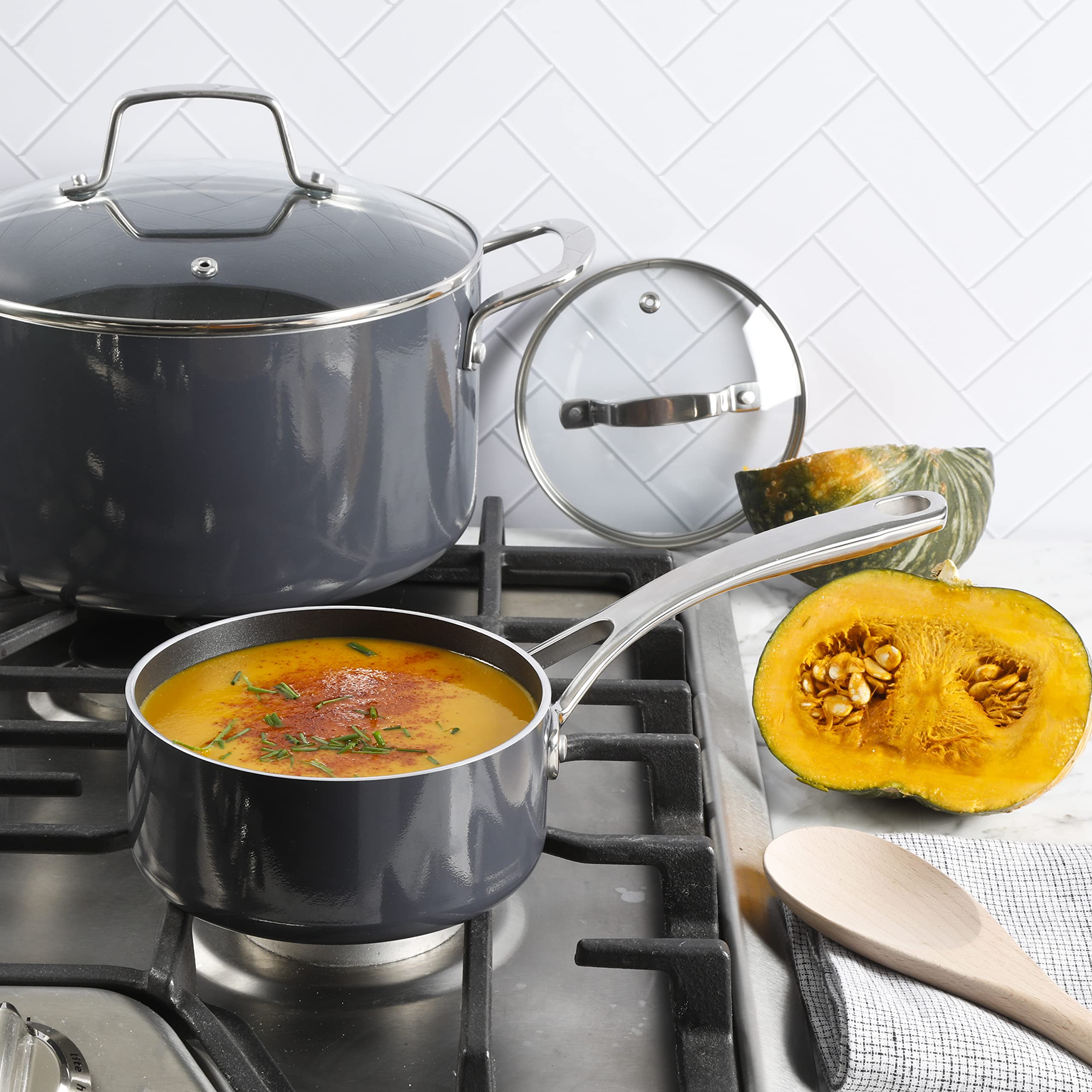 Martha Stewart Lockton Premium Nonstick PFA Free Ceramic Interior 10 Piece Enamel Heavy Gauge Aluminum Pots and Pans Cookware Set - Butter Cream