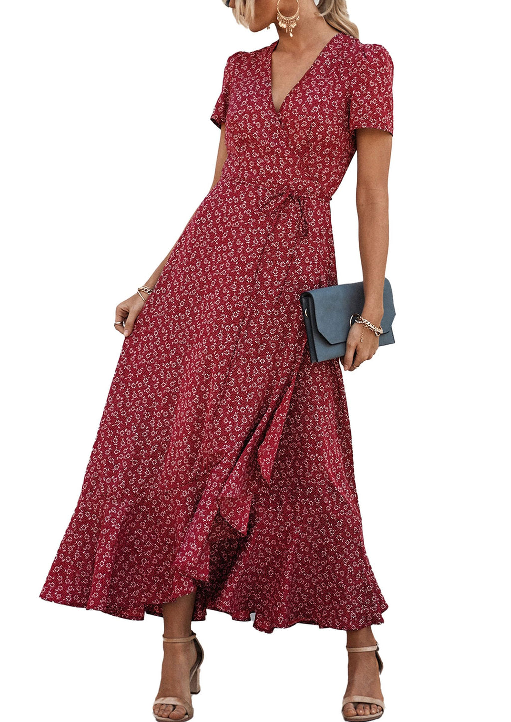 PRETTYGARDEN Women's Boho Floral Maxi Dress Summer Short Sleeve Wrap V Neck Long Flowy Beach Vacation Wedding Guest Dresses
