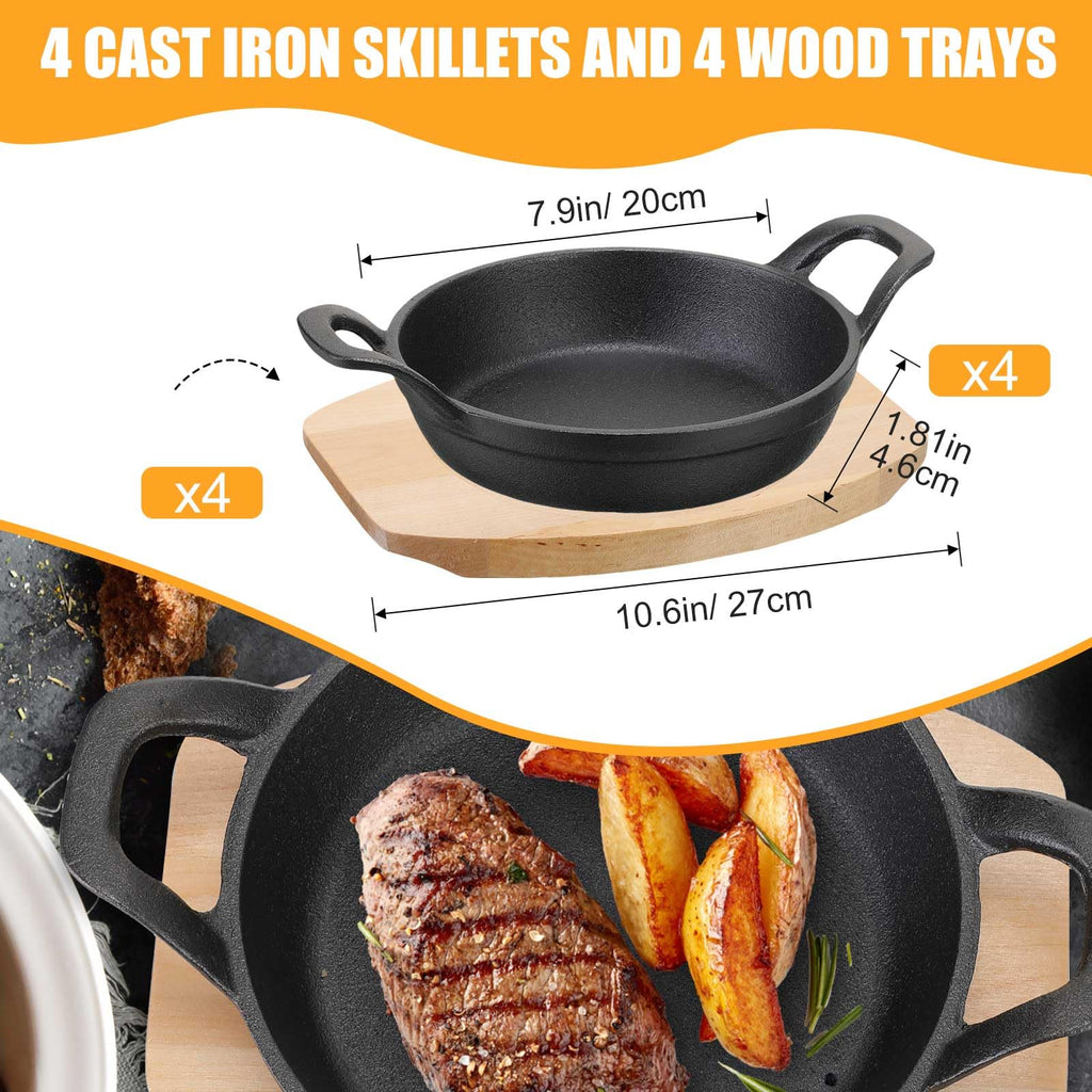 Sliner 4 Sets Mini Cast Iron Skillet Small Cast Iron Plates Skillet with Wooden Base Small Round Pan Fajita Plate Pot for Baking Cooking(3.9 Inch)