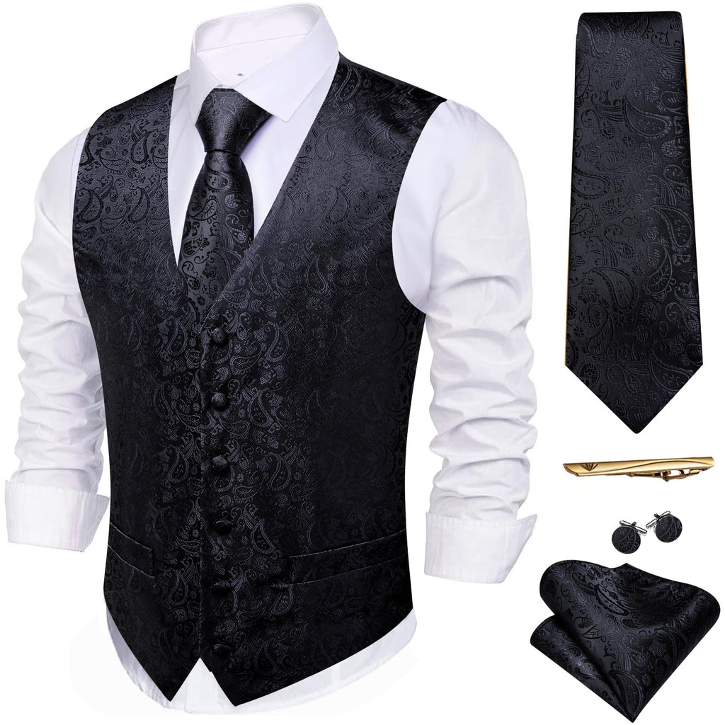 Barry.Wang Men's Suit Vest Formal/Leisure Paisley Jacquard Silk Tie Pocket Square Waistcoat Set Wedding 5PCS