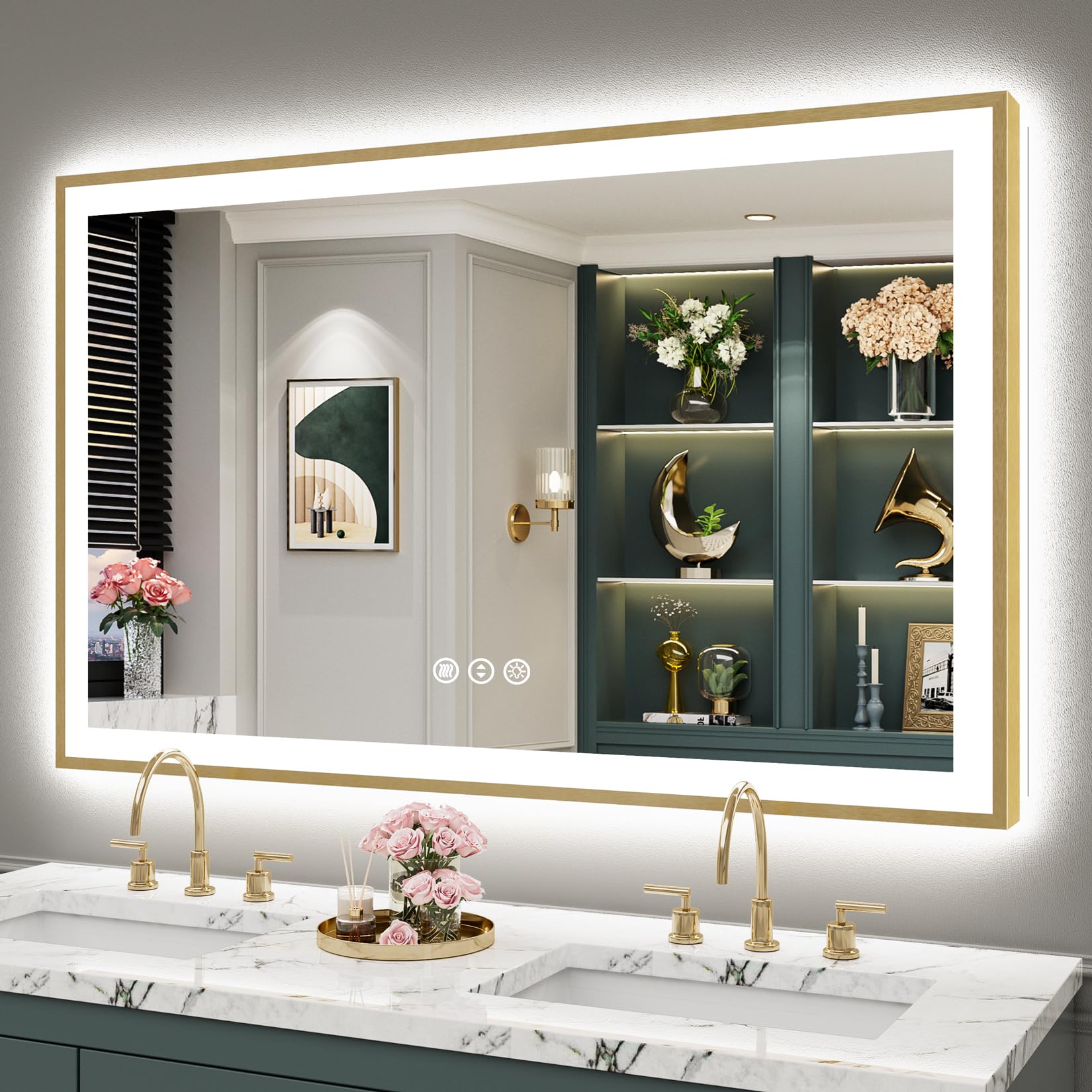 24x36 Gold Beveled LED Bathroom Mirror with Lights, Brushed Gold Framed Backlit and Front Lit Anti-Fog Lighted Vanity Mirrors for Bathroom Wall, Dimmable, 3 Colors, Memory, HD Tempered Glass