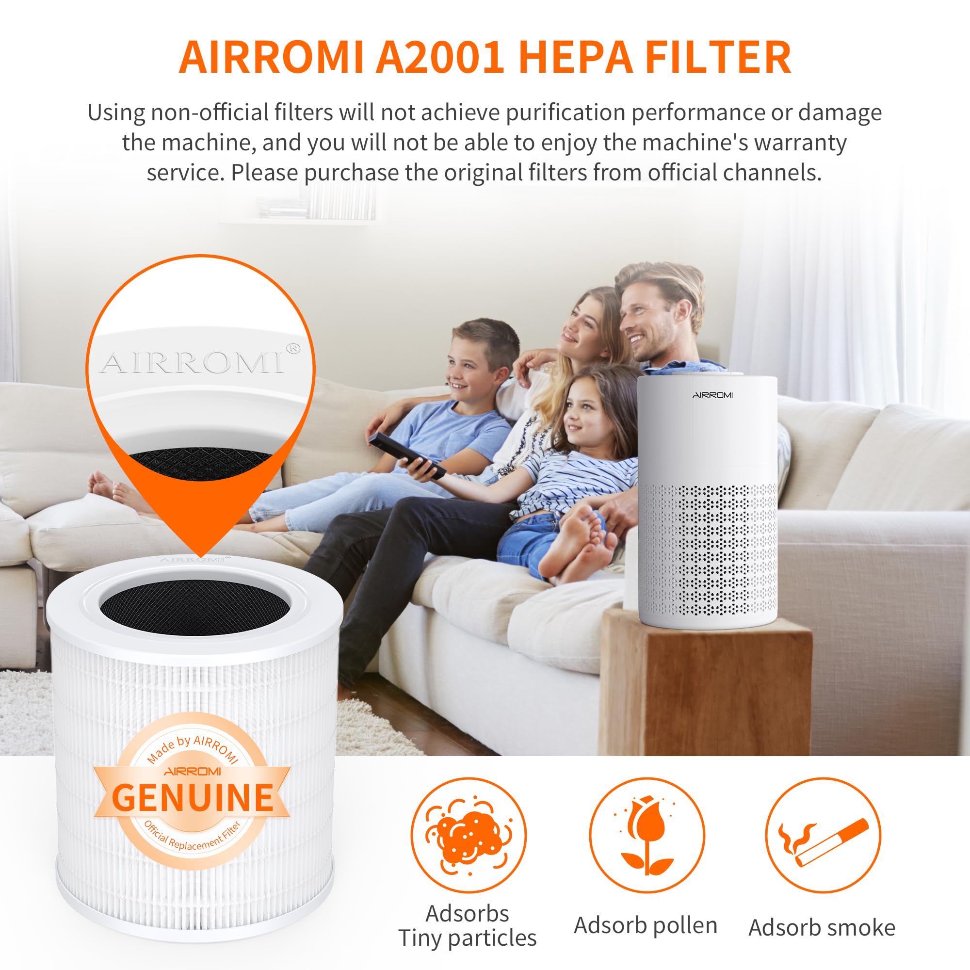 AIRROMI A2001 HEPA Air Purifier Replacement Filter, 3-In-1 Original Filter, Remove 99.97% of 0.3 Micron Particle 2 Pack White Activated Carbon