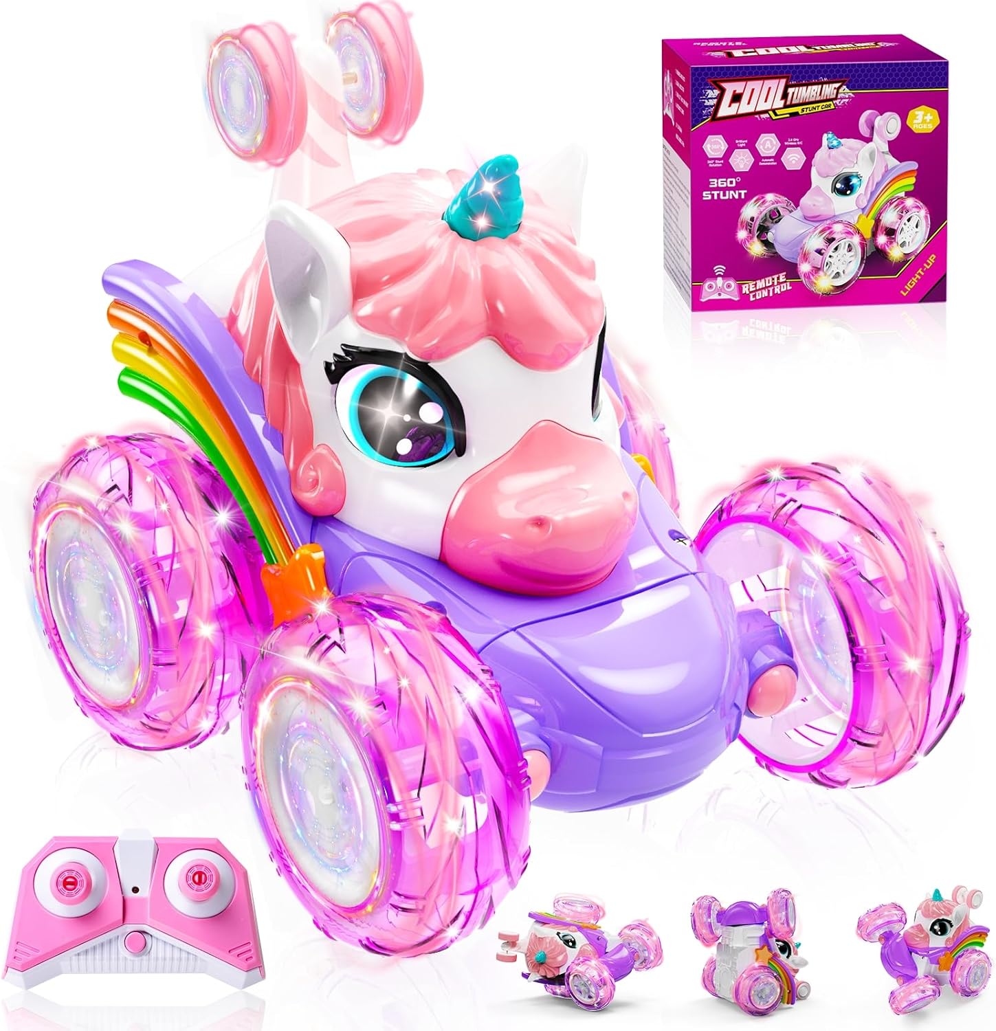 Kikikid Unicorn Remote Control Car for Girls, 360° Rotating 4WD Stunt RC Cars with Cute Lights, Rechargeable Car Toys Birthday Gifts for Kids Girl Age 3 4-6 6-8