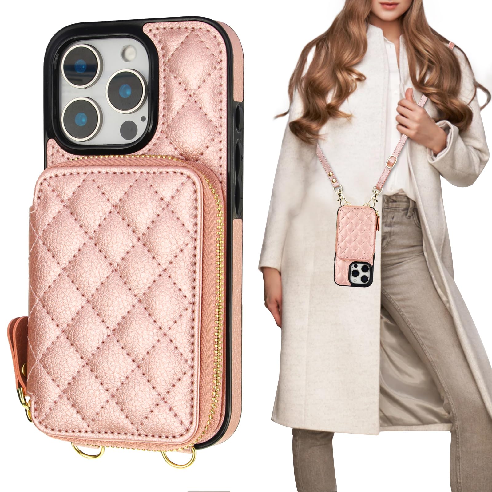 Bocasal Crossbody Wallet Case for iPhone 16 Pro, RFID Blocking PU Leather Zipper Handbag Purse Flip Cover, Kickstand Folio Case with Card Slots Holder Wrist Strap Lanyard 5G 6.3 Inch (Black)