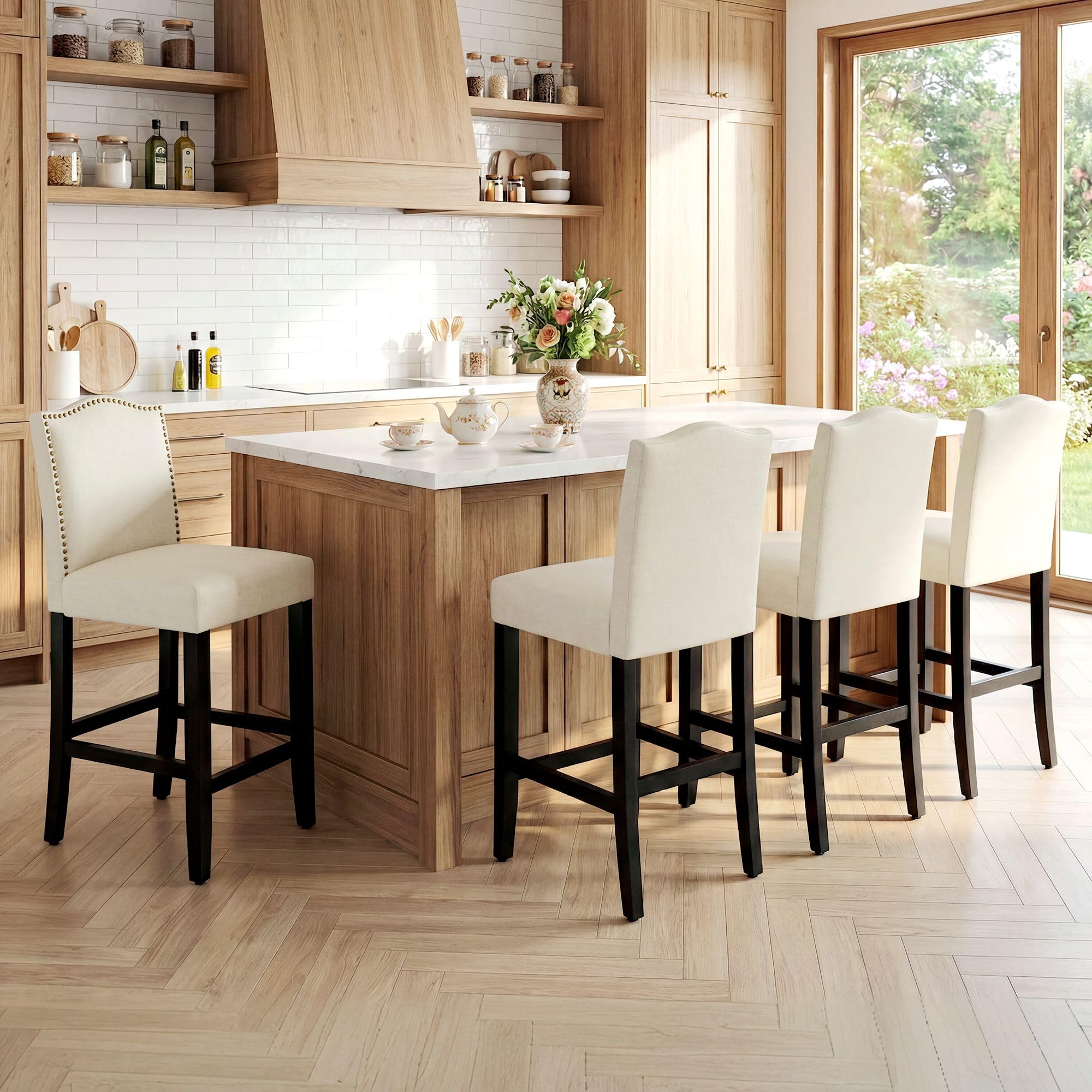 LSSPAID Counter Height Bar Stools Set of 2, 24.8 Inch Modern Upholstered Fabric Barstools, Kitchen Island Chairs with Bronze Nail Backrest and Solid Wood Legs for Kitchen Pub Home Cafe, Beige