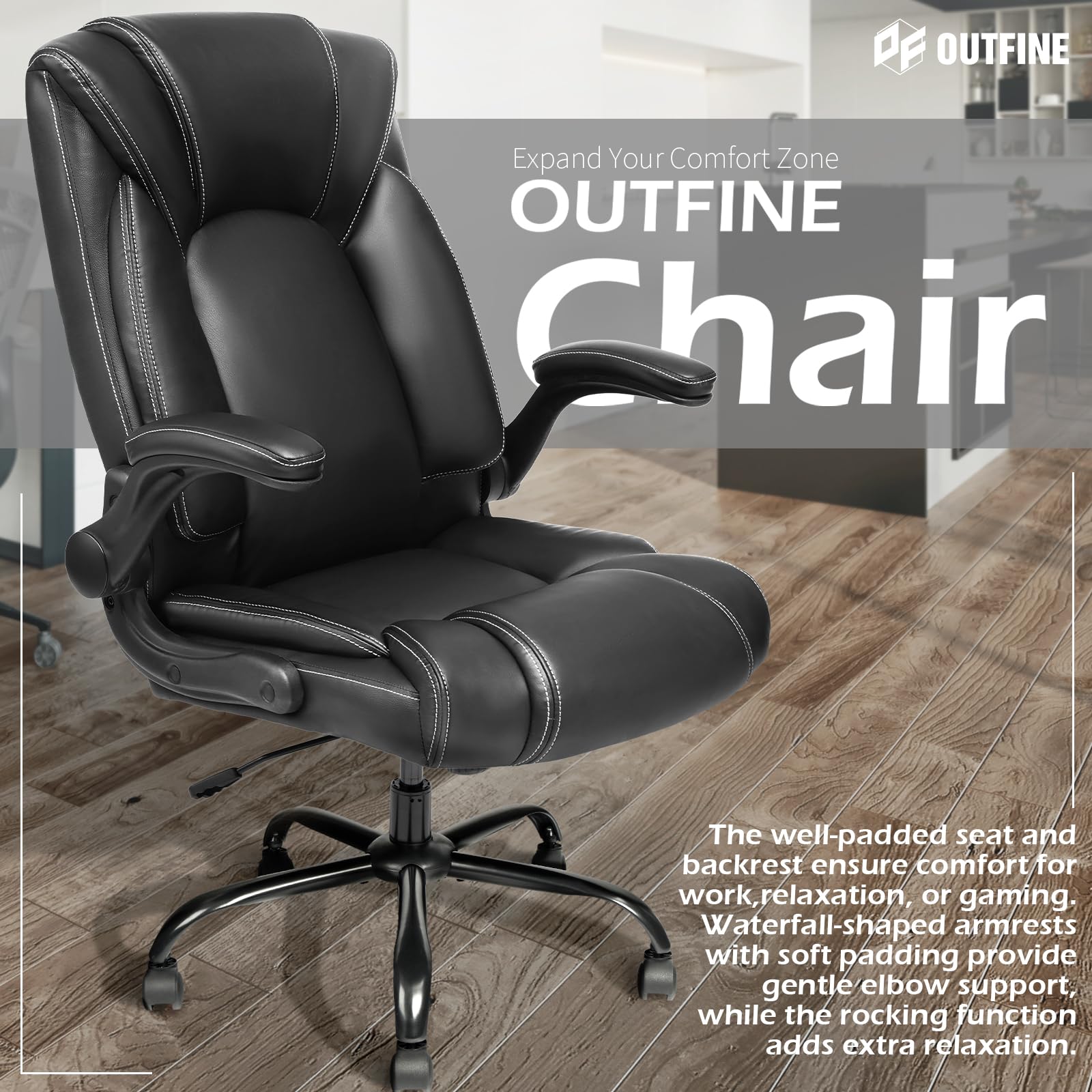 OUTFINE Office Chair Executive Office Chair Desk Chair Computer Chair with 5-Year hydrolysis-Resistant Leather Spring Cushion Ergonomic Support Tilting Function Upholstered in Bonded Leather Black