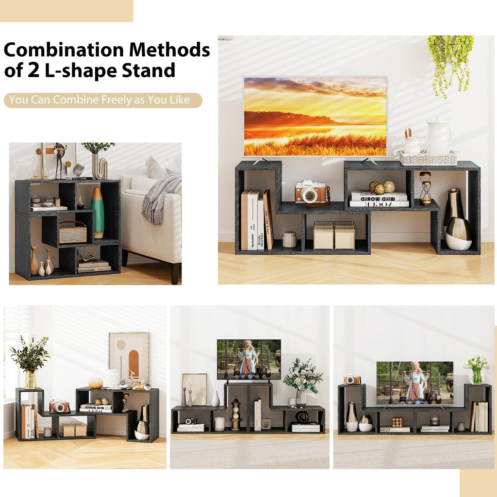 Tangkula 3 Pieces Console TV Stand, Free-Combination Entertainment Center for 50 55 60 65 Inch TV, Minimalist Modern TV Media Stand, DIY Open Storage Bookcase Shelf for Living Room (Black)