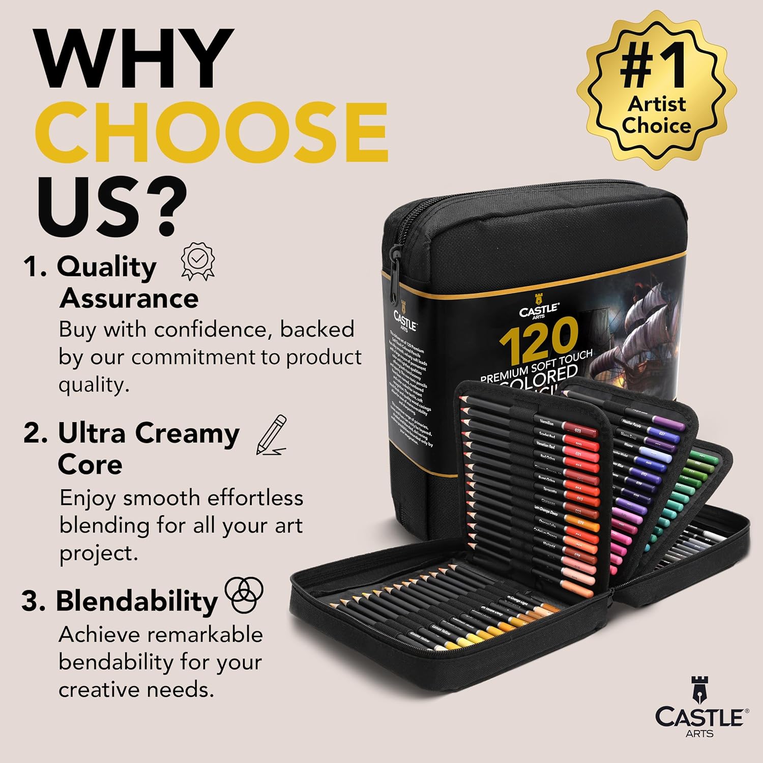 Castle Art Supplies 120 Coloring Pencils Zipper-Case Set | Premium Quality Soft Core Colored Leads for Adult Artists, Professionals and Colourists | In Neat, Strong Carry-Anywhere Zipper Pouch