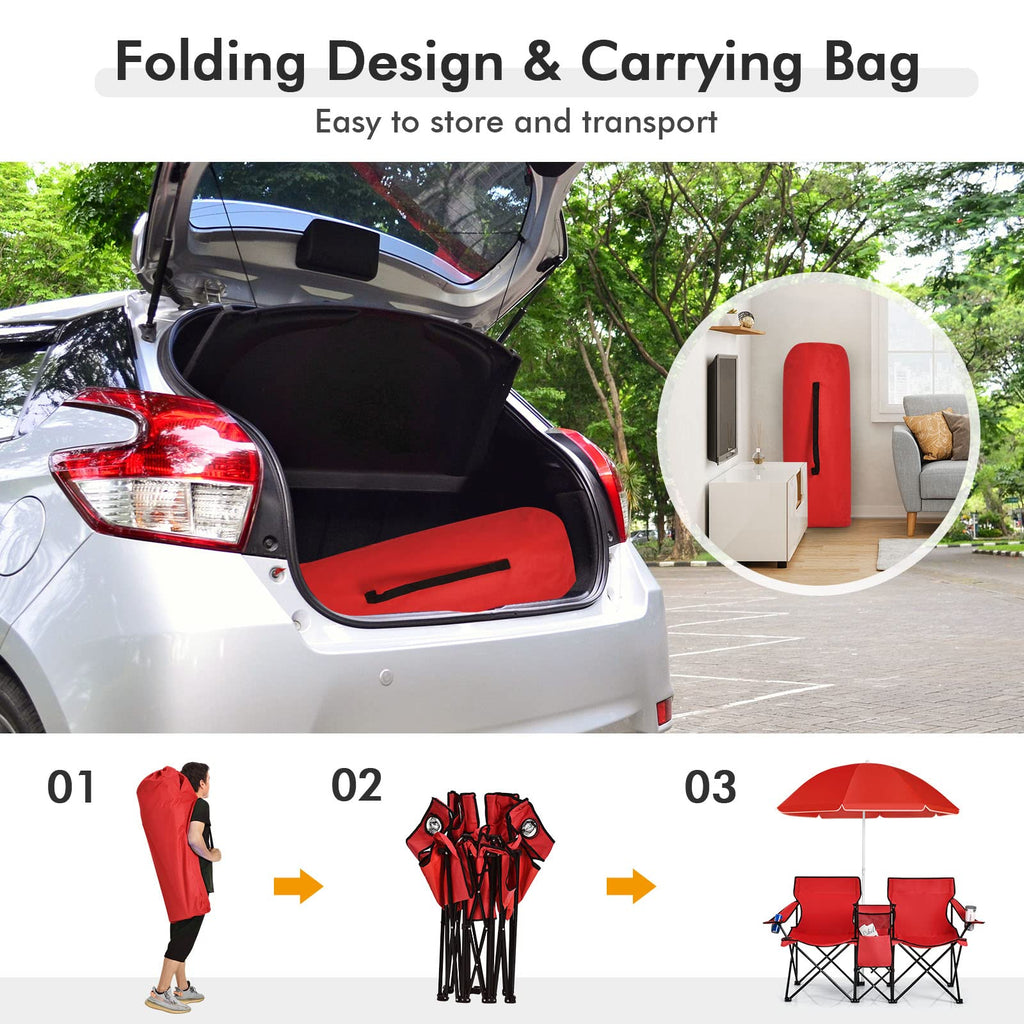 COSTWAY Double Portable Picnic Chairs, Folding Camping Chairs w/Detachable Umbrella, Cooler Bag, Cup Holders, Patio Beach Camping Chairs for Outdoors