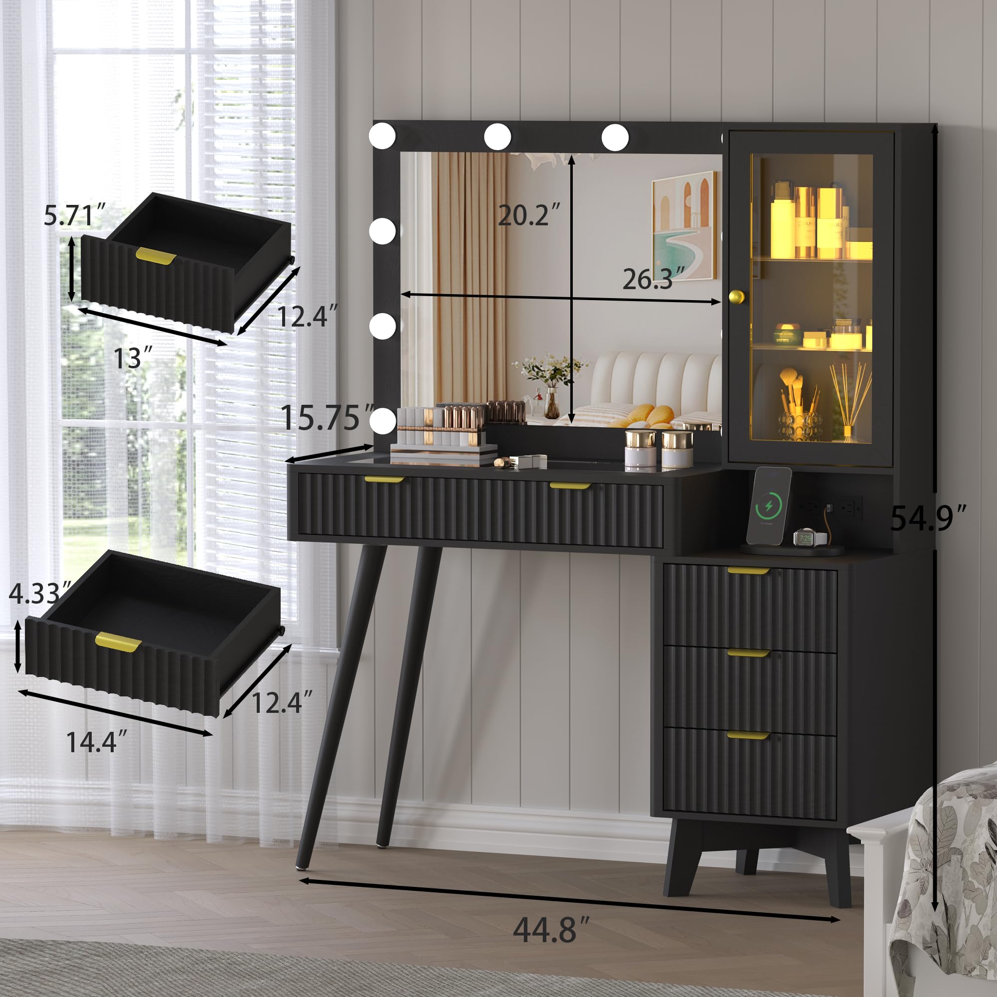 BORNOON 45” Fluted Makeup Vanity Desk with Mirror and Lights, Glass Top Dressing Table with 5 Drawers, LED Lighted Adjustable Cabinet, Trays & Charging Station for Bedroom Dressing Room