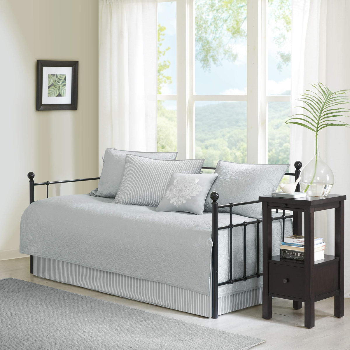 Madison Park Cotton Daybed Cover Set-Double Sided Quilting Classic Cottage Design All Season Bedding with Bedskirt, Matching Shams, Decorative Pillow, 75"x39", Quebec Dark Grey 6 Piece