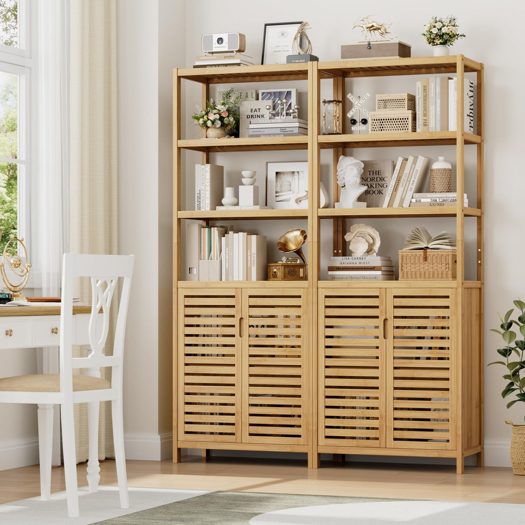HIFIT Tall Bathroom Storage Cabinet, 66" Bamboo Narrow Bathroom Floor Cabinet with 2 Door & 4-Tier Open Shelves, Corner Tall Cabinets Freestanding Organizer Unit for Bath, Living Room, Entryway,Nature