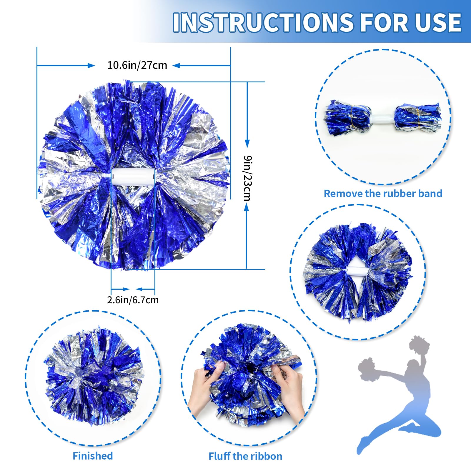 4Pcs Metallic Cheerleading Pom Poms, Creatiee 2 Pair Cheerleader Cheering Squad Pompoms for School Sports Dance Games Team Spirit Cheer