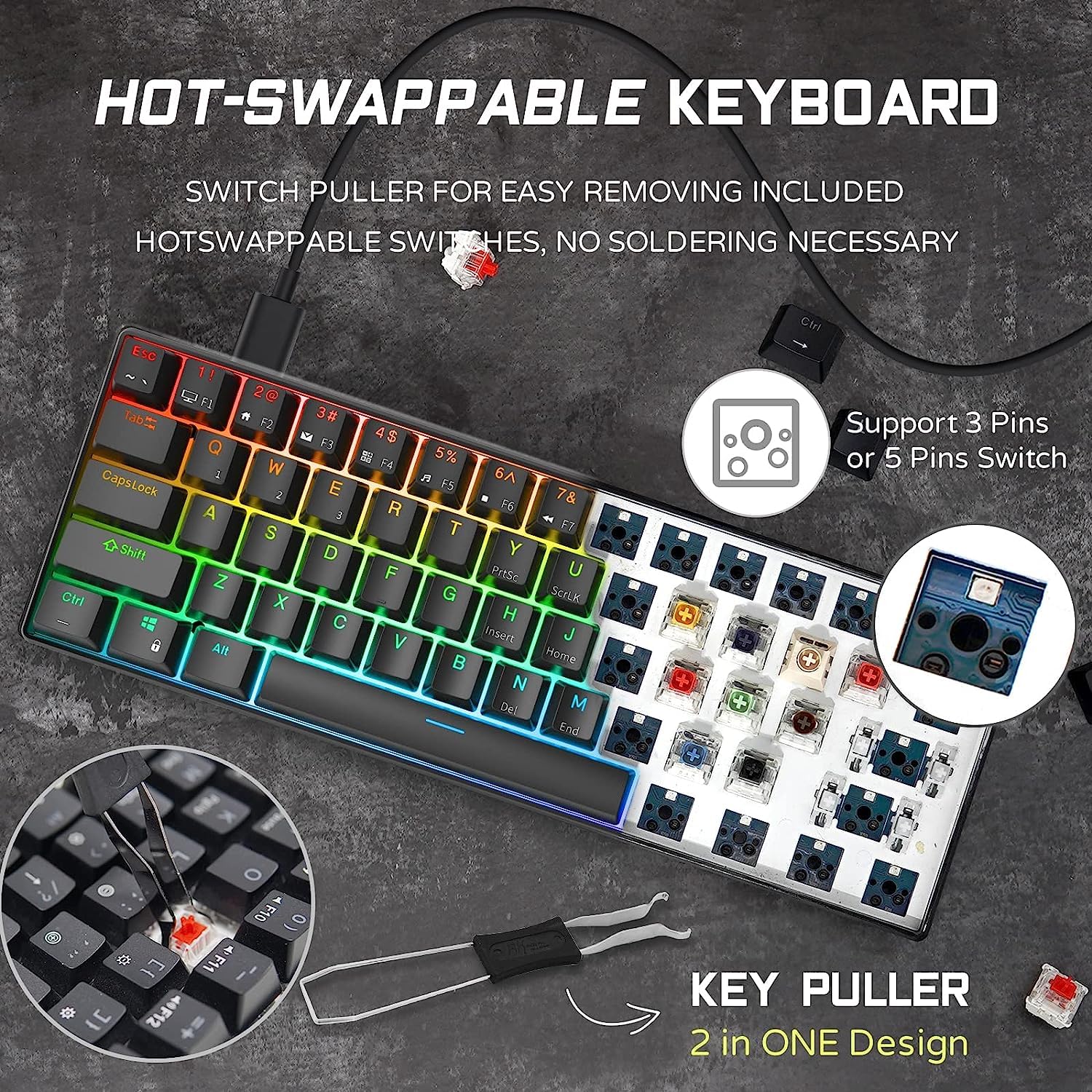 RK ROYAL KLUDGE RK61 Wired 60% Mechanical Gaming Keyboard Programmable QMK/VIA RGB Backlit 61 Keys Ultra-Compact Hot Swappable Brown Switch Black
